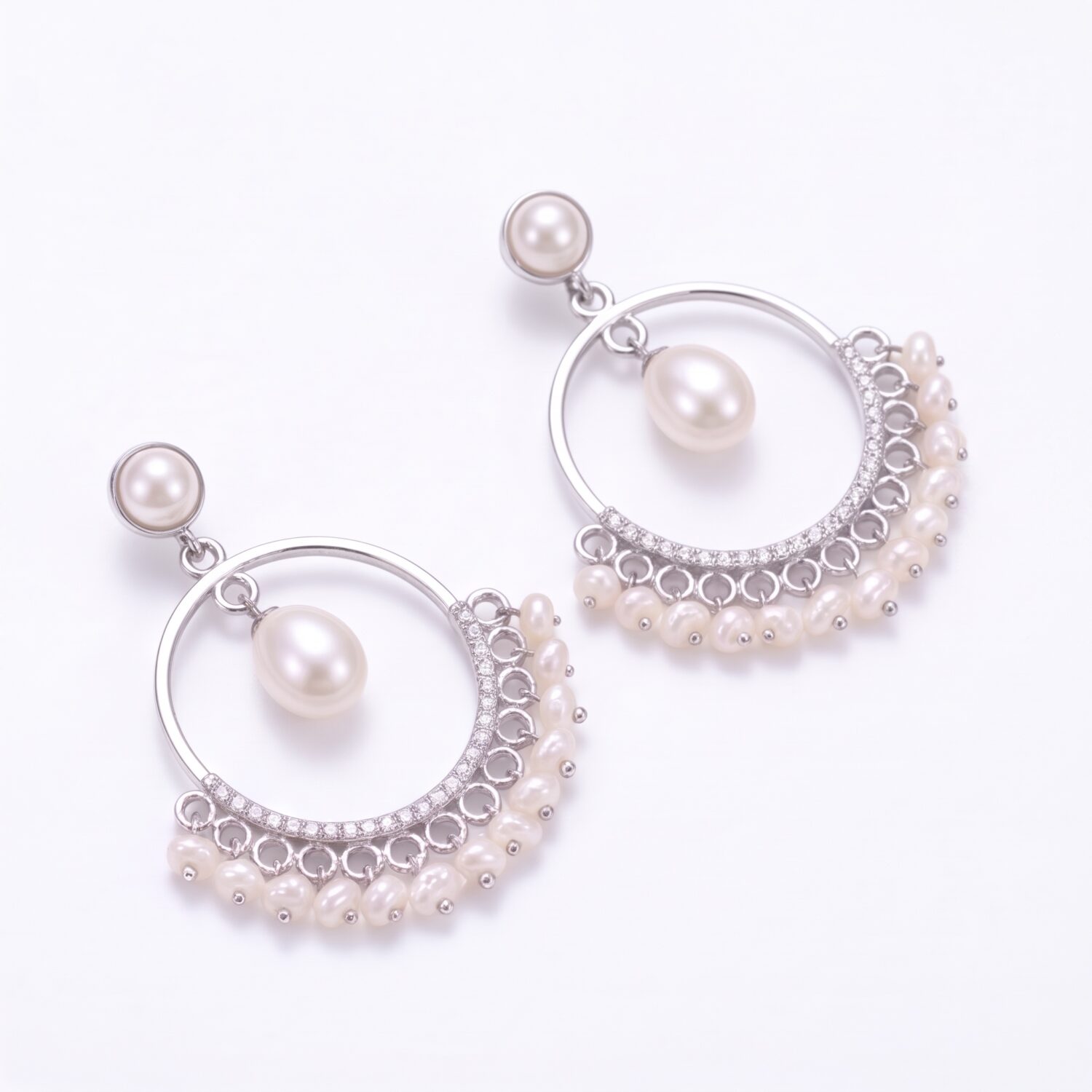 Elegant Pearl Chandbali Earrings With Fringed Pearl Drops - Image 2