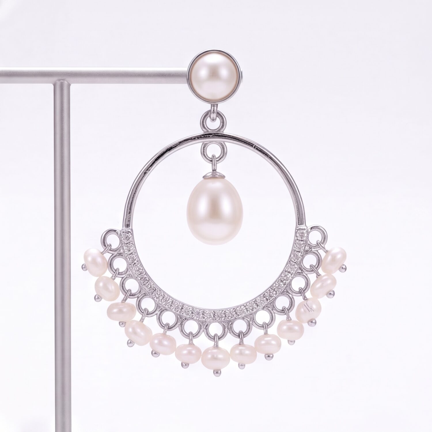 Elegant Pearl Chandbali Earrings With Fringed Pearl Drops - Image 5