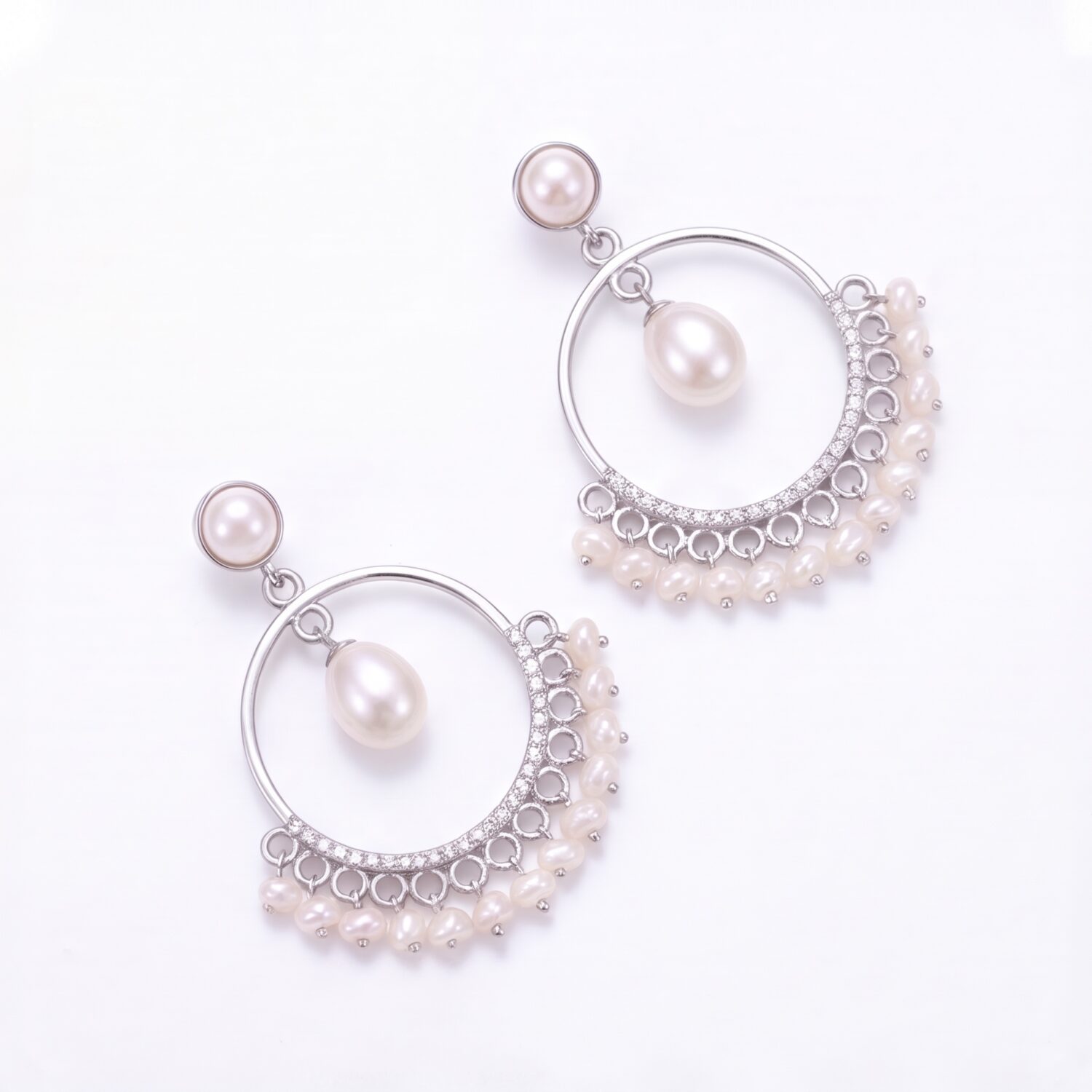 Elegant Pearl Chandbali Earrings With Fringed Pearl Drops - Image 6