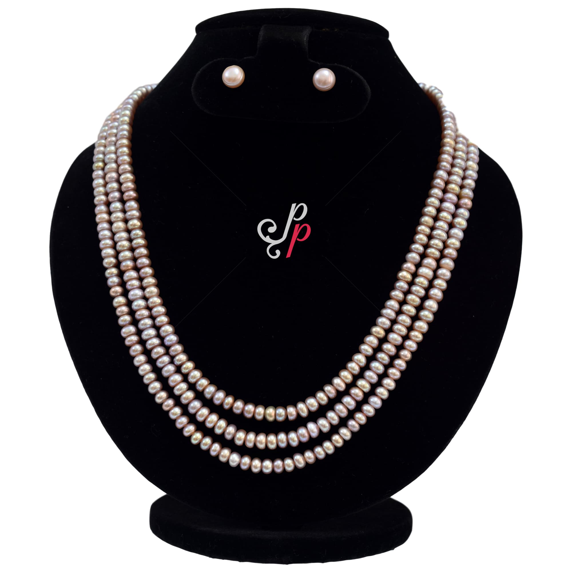 3 Lines Dark Pink Pearl Necklace Set in 5mm Half Round Pearls - Image 2
