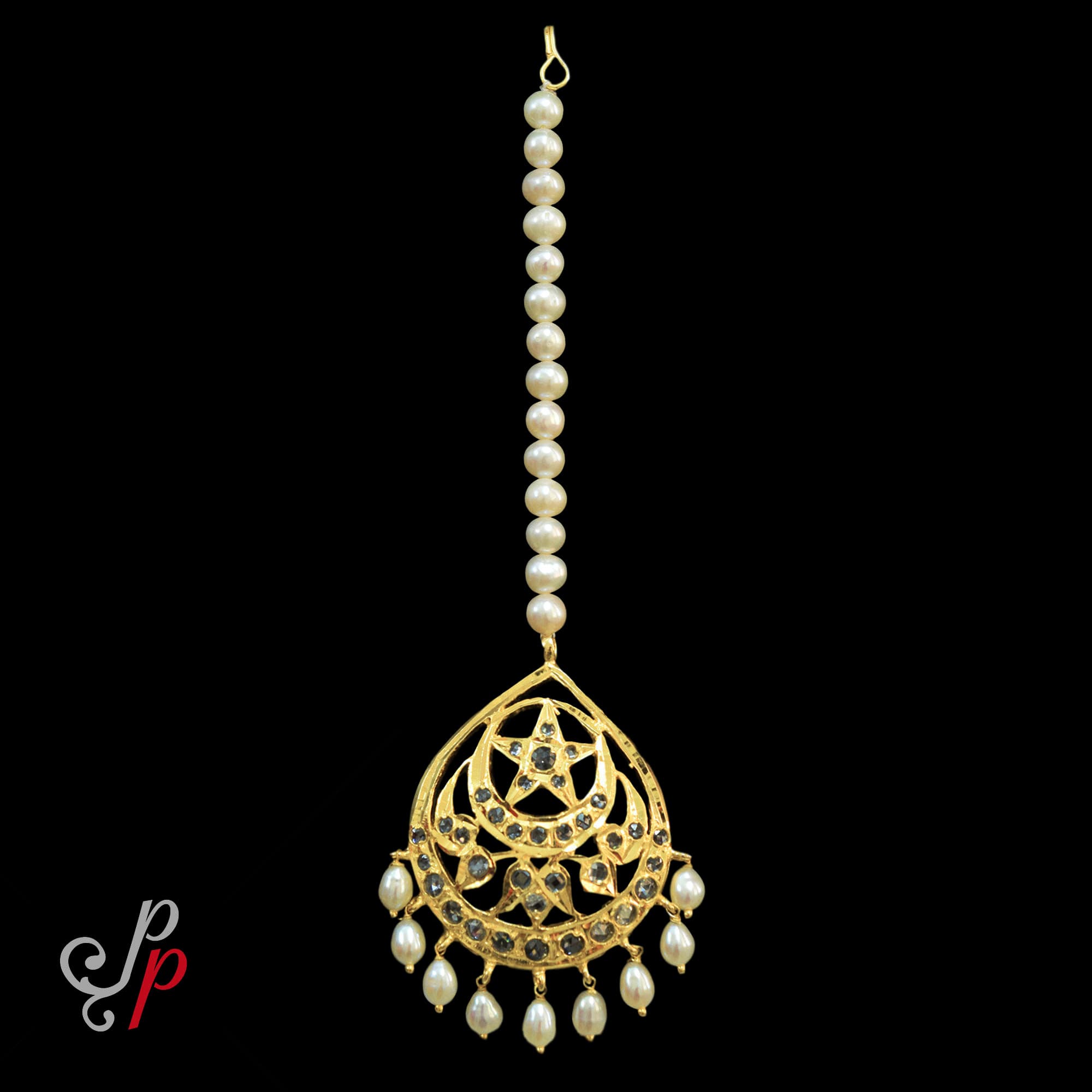 4cm Wide Elegant Pearl Maang Tikka in American Diamonds