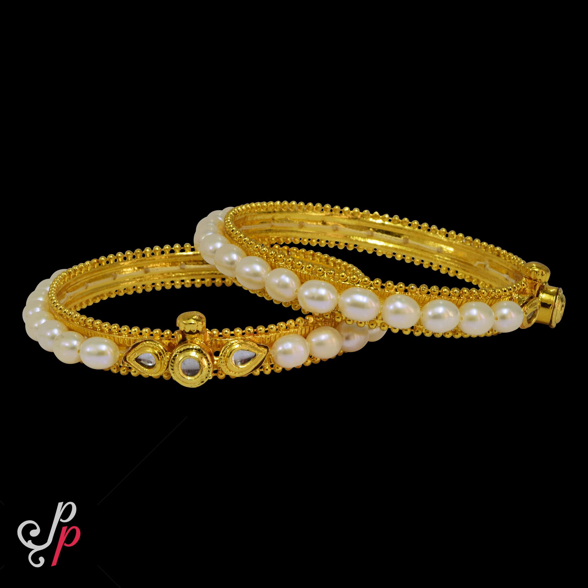 Adjustable Pearl bangles in white oval pearls and kundans - Image 3