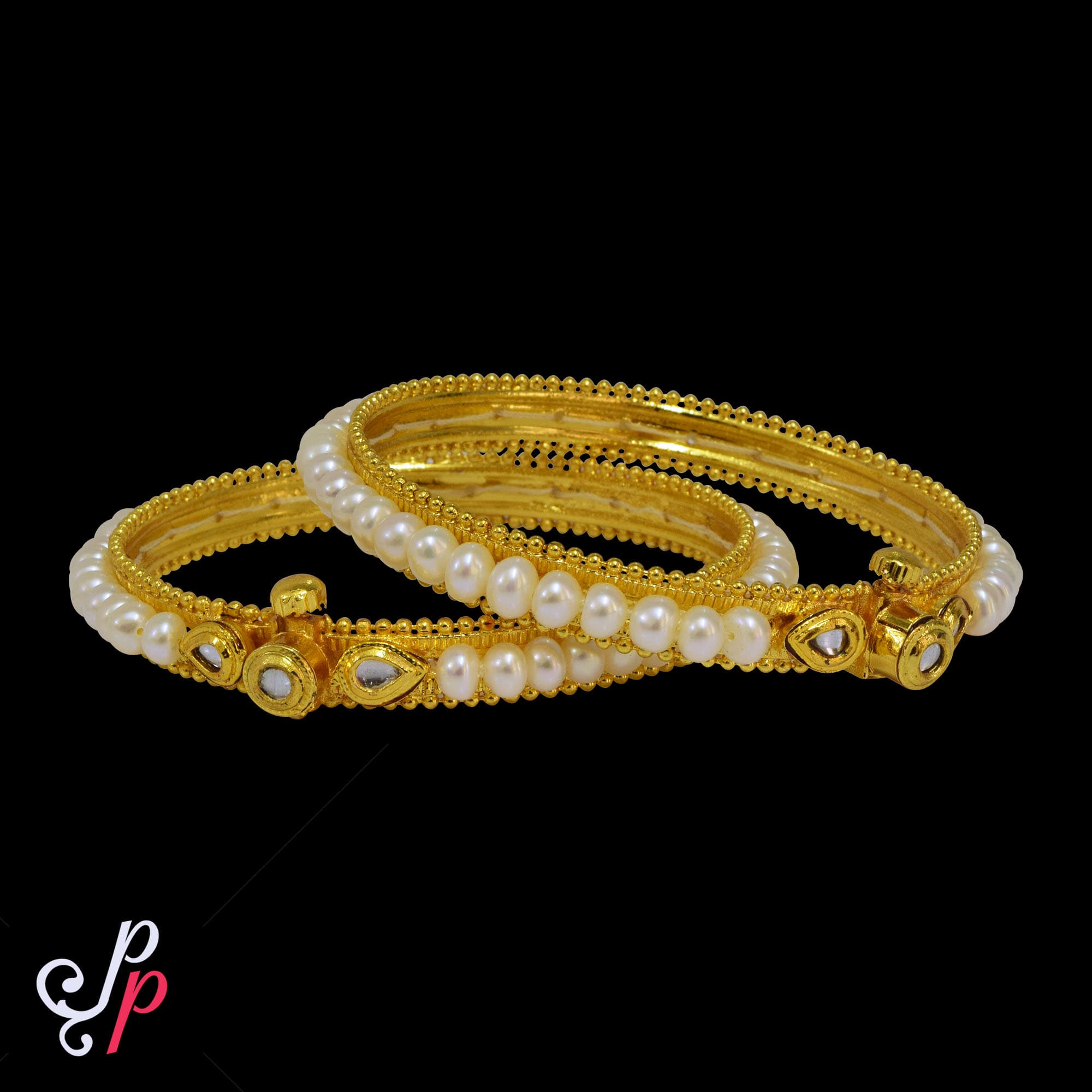 Adjustable Pearl bangles in white round pearls and kundans - Image 3