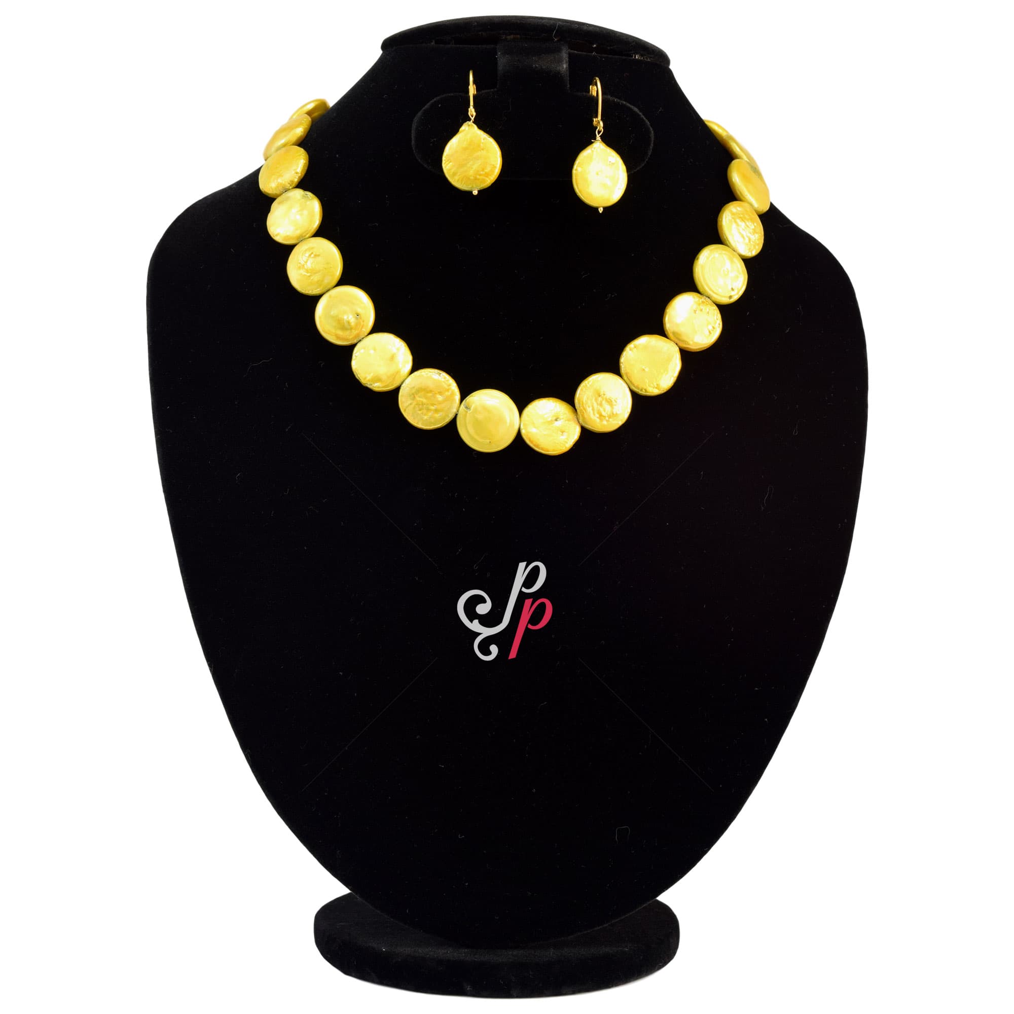 Beautiful Bright Golden Colour Coin Pearl Necklace Set - Image 2