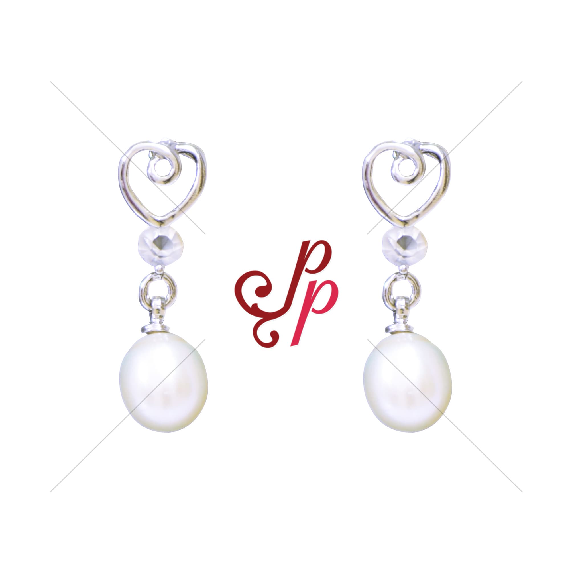 Lovely Silver Finish Knotted Heart Studs With White Oval Pearl Drops