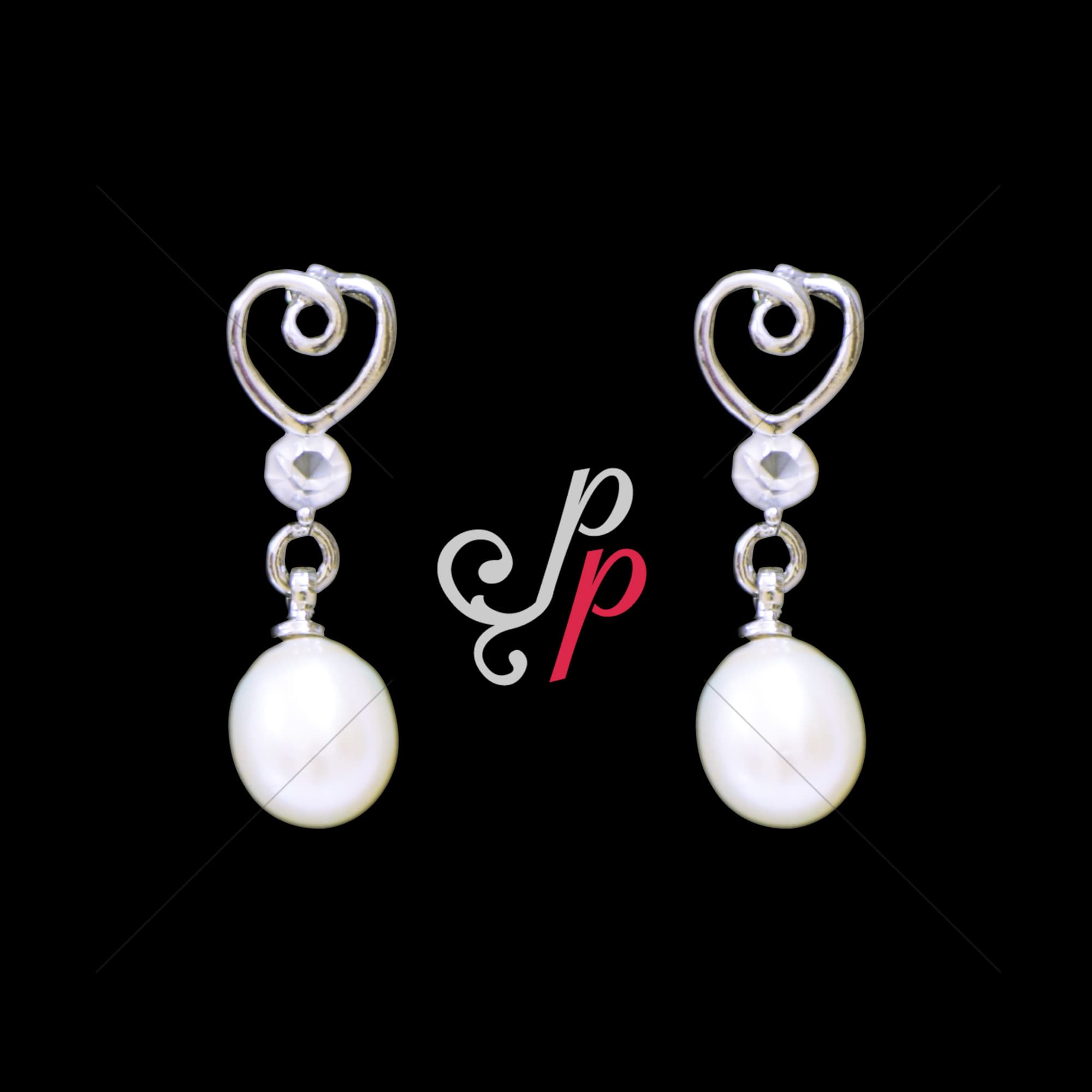 Lovely Silver Finish Knotted Heart Studs With White Oval Pearl Drops - Image 2