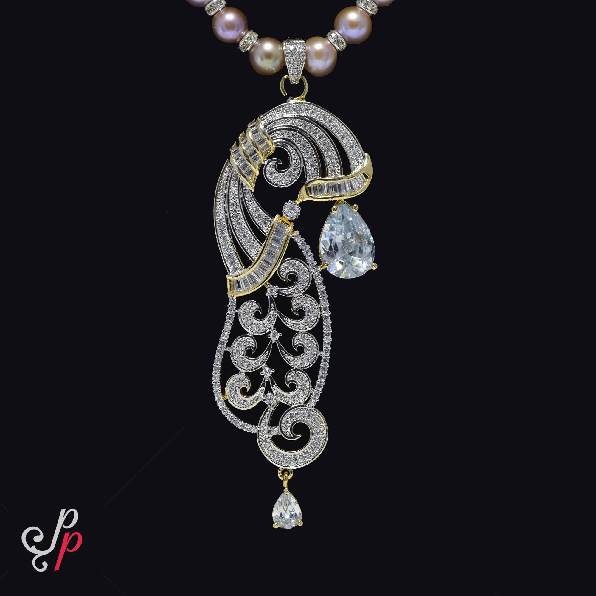 Gorgeous Pearl Necklace Set in dark pink colour pearls - Image 3