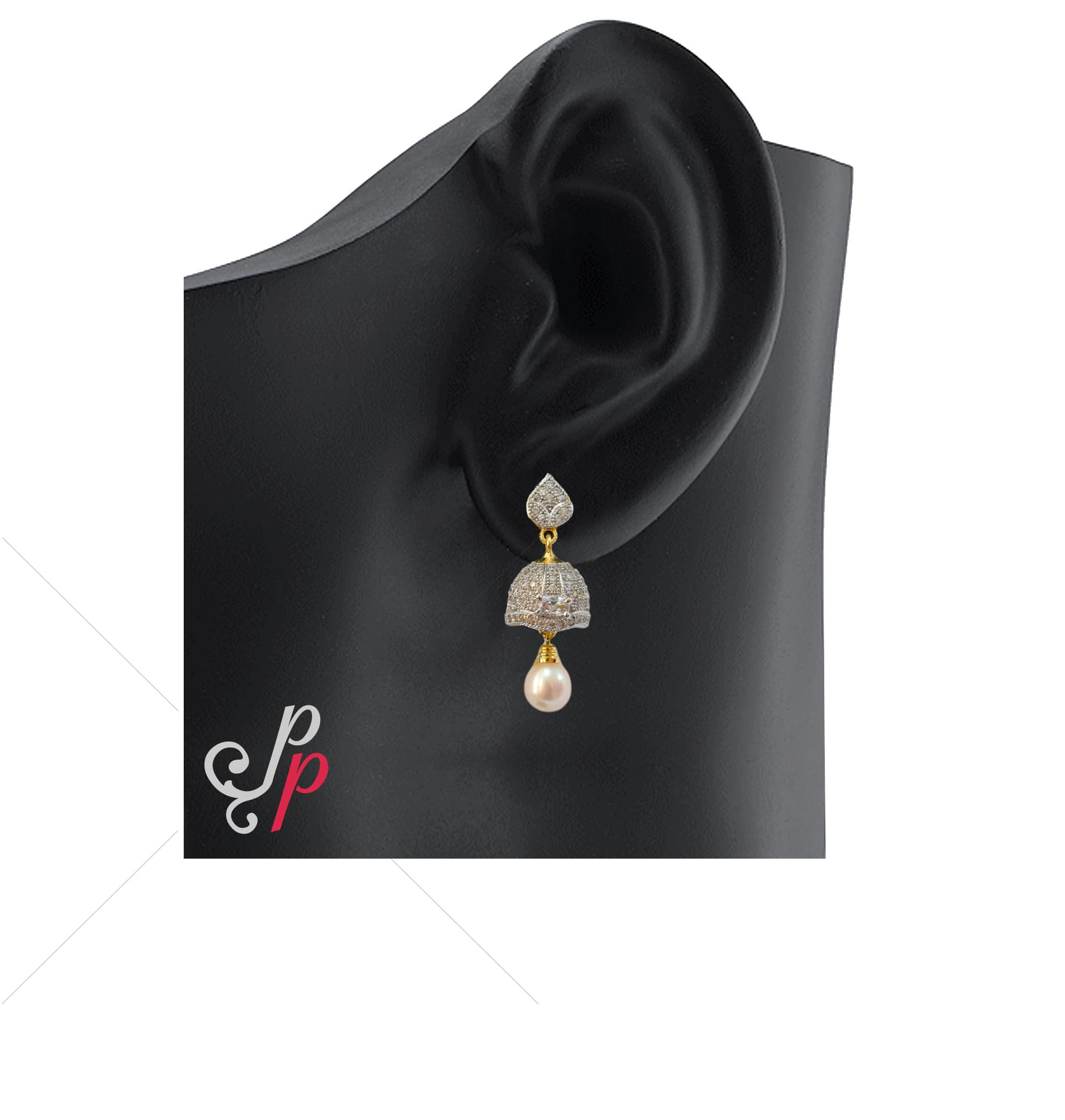 Pearl Jhumkas studded with American Diamonds - Image 2