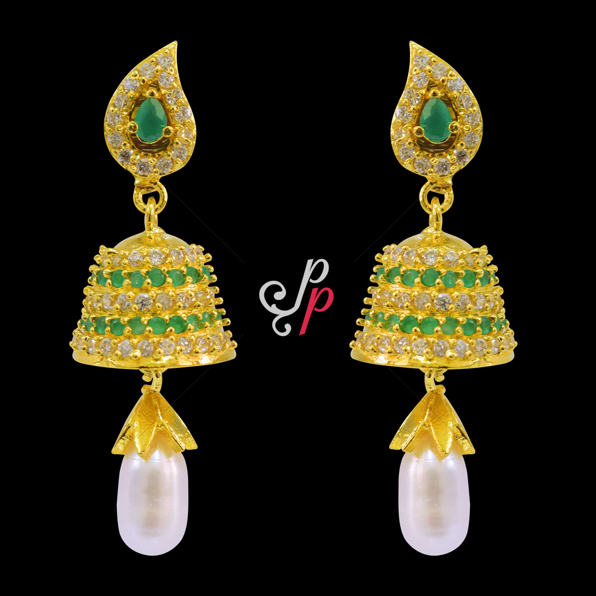 Pearl Jhumkas with pearl drops and semi-precious emeralds - Image 2