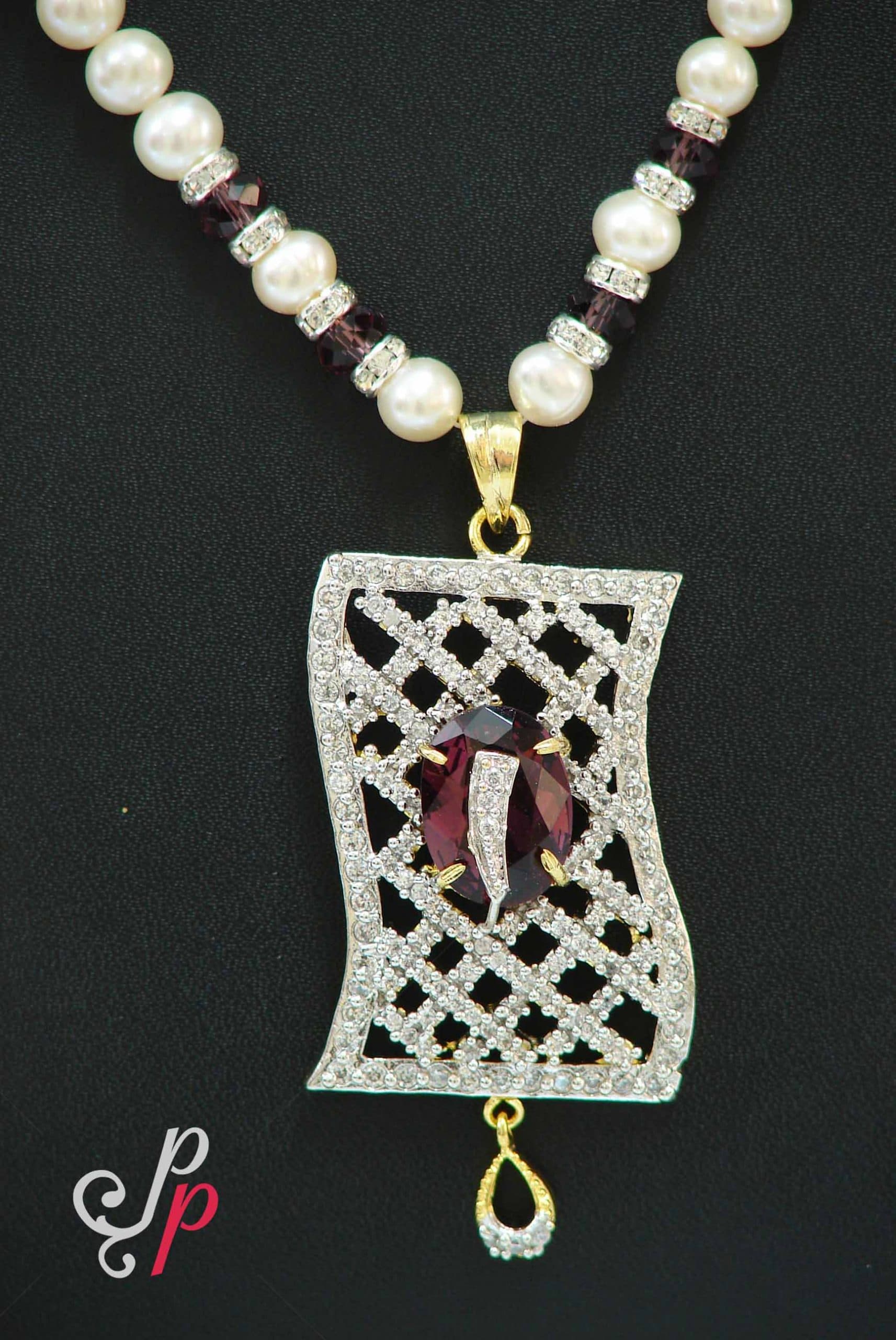 Pearl set in super stylish and different type of pendant with amethyst stone - Image 2