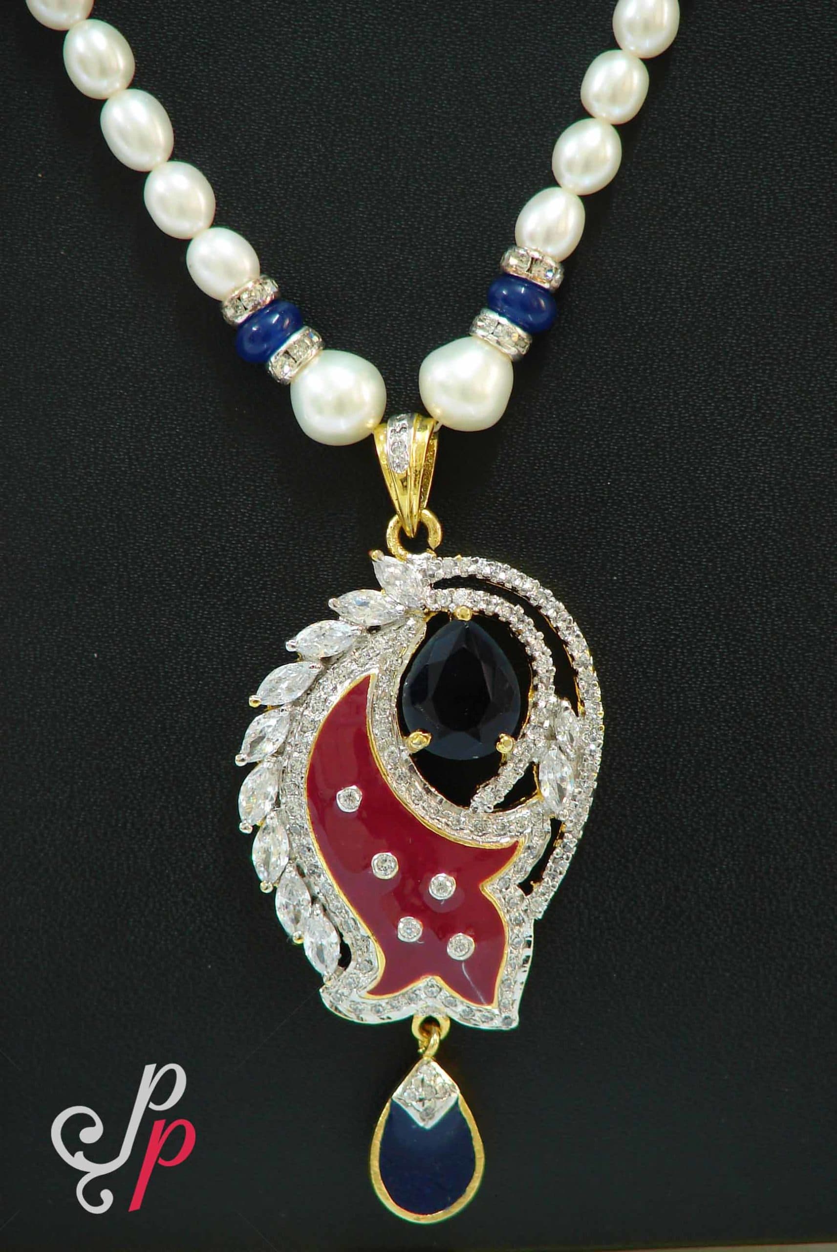 Pretty pearl necklace set in maroon meenakari and ink blue stone pendant - Image 2