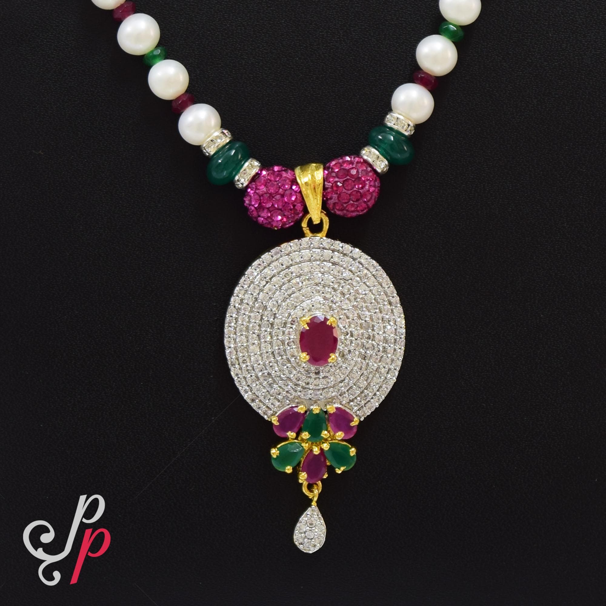 Rich and Traditional pearl necklace set in beautiful cz pendant - Image 2