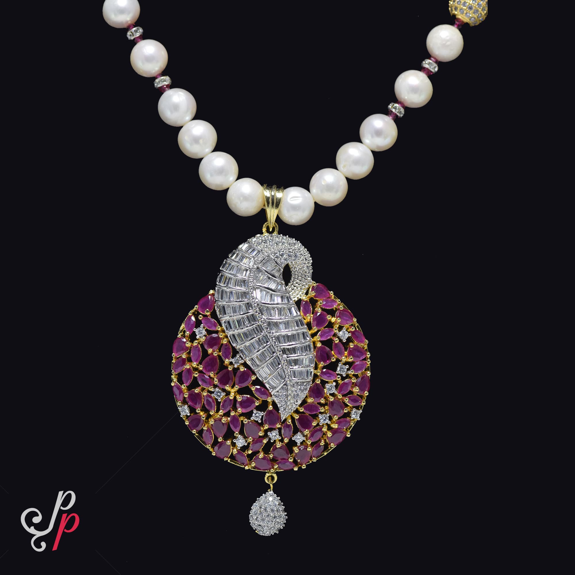 Rich Pearl Set in Highly Shiny Zircon and Ruby Studded Pendant - Image 2