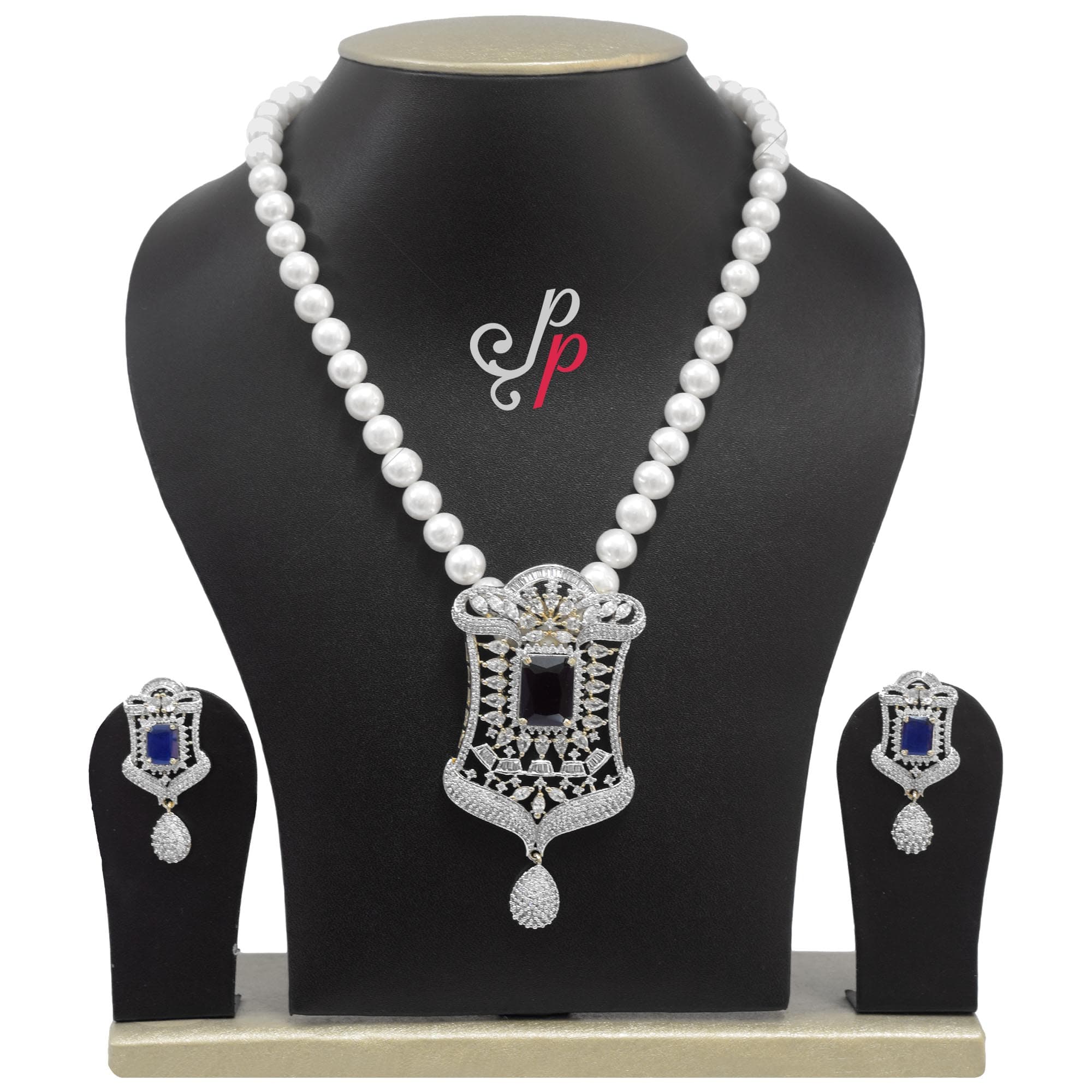 Stylish Pearl Necklace Set from Hyderabad in Sapphire Pronged Pendant - Image 2