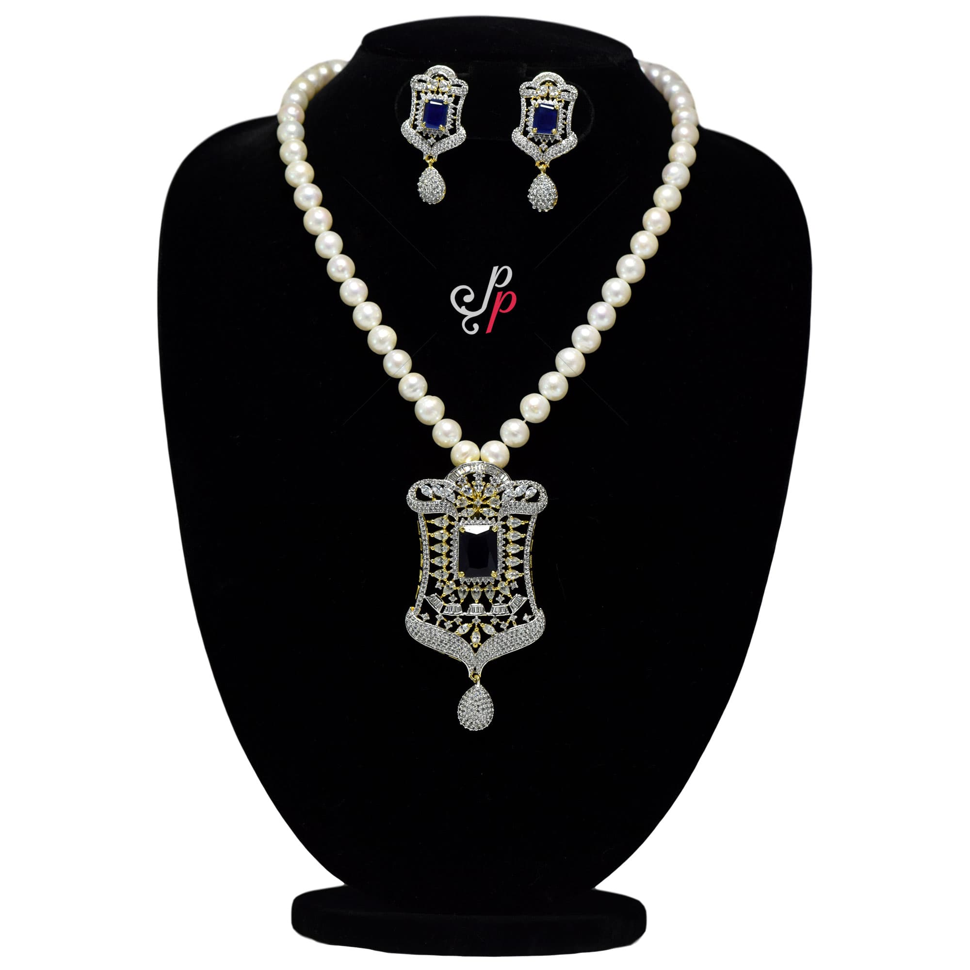 Stylish Pearl Necklace Set from Hyderabad in Sapphire Pronged Pendant
