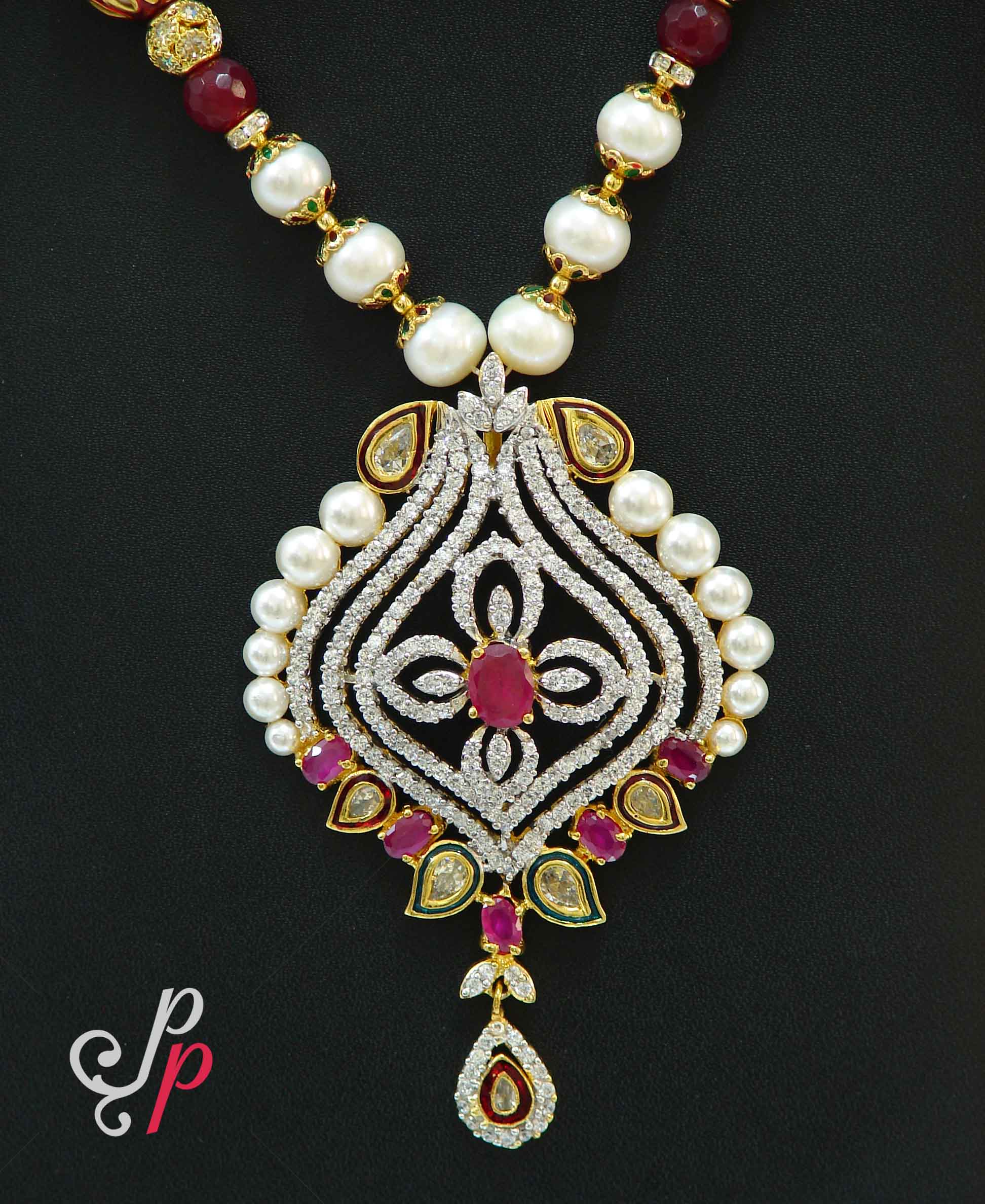 Traditional and trendy pearl necklace sets in rubies - Image 2