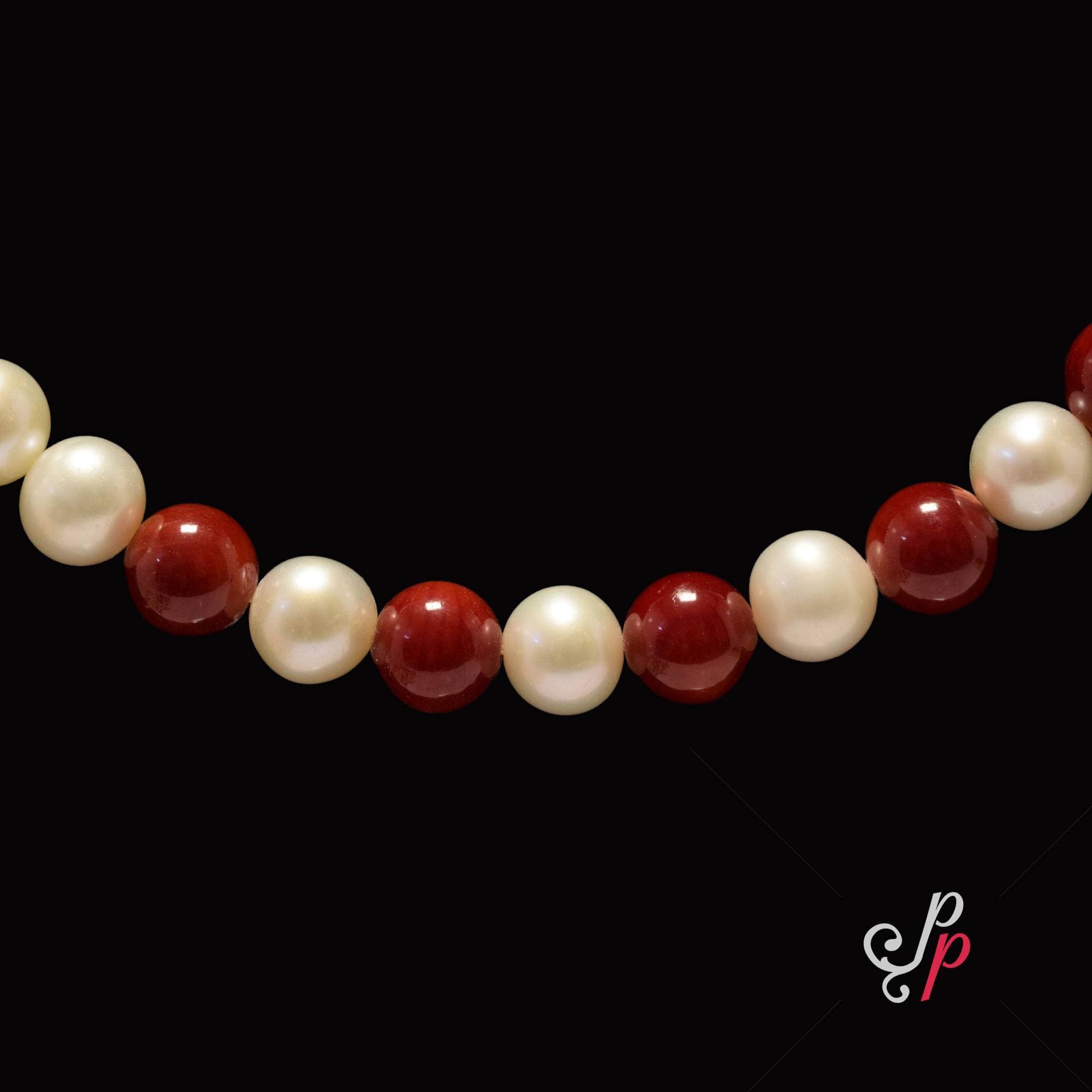 Simple Necklace Set with Corals and 8mm Round White Pearls - Image 3