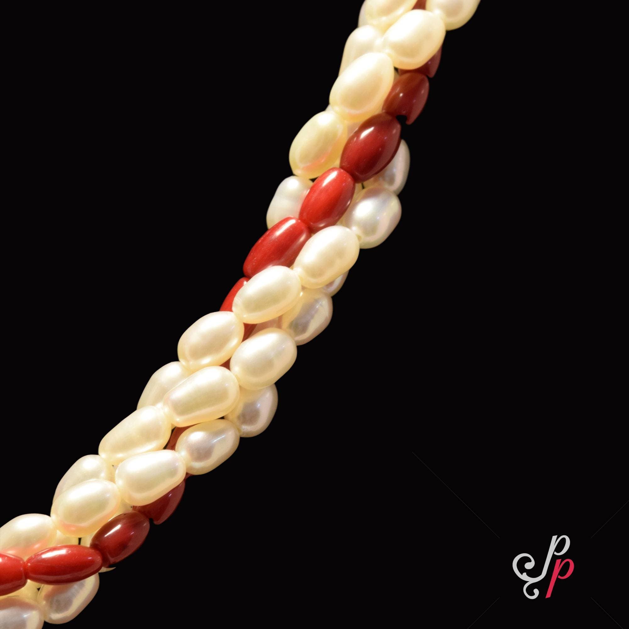 Stylish Pearl Necklace in White Oval Pearls and Corals - Image 3
