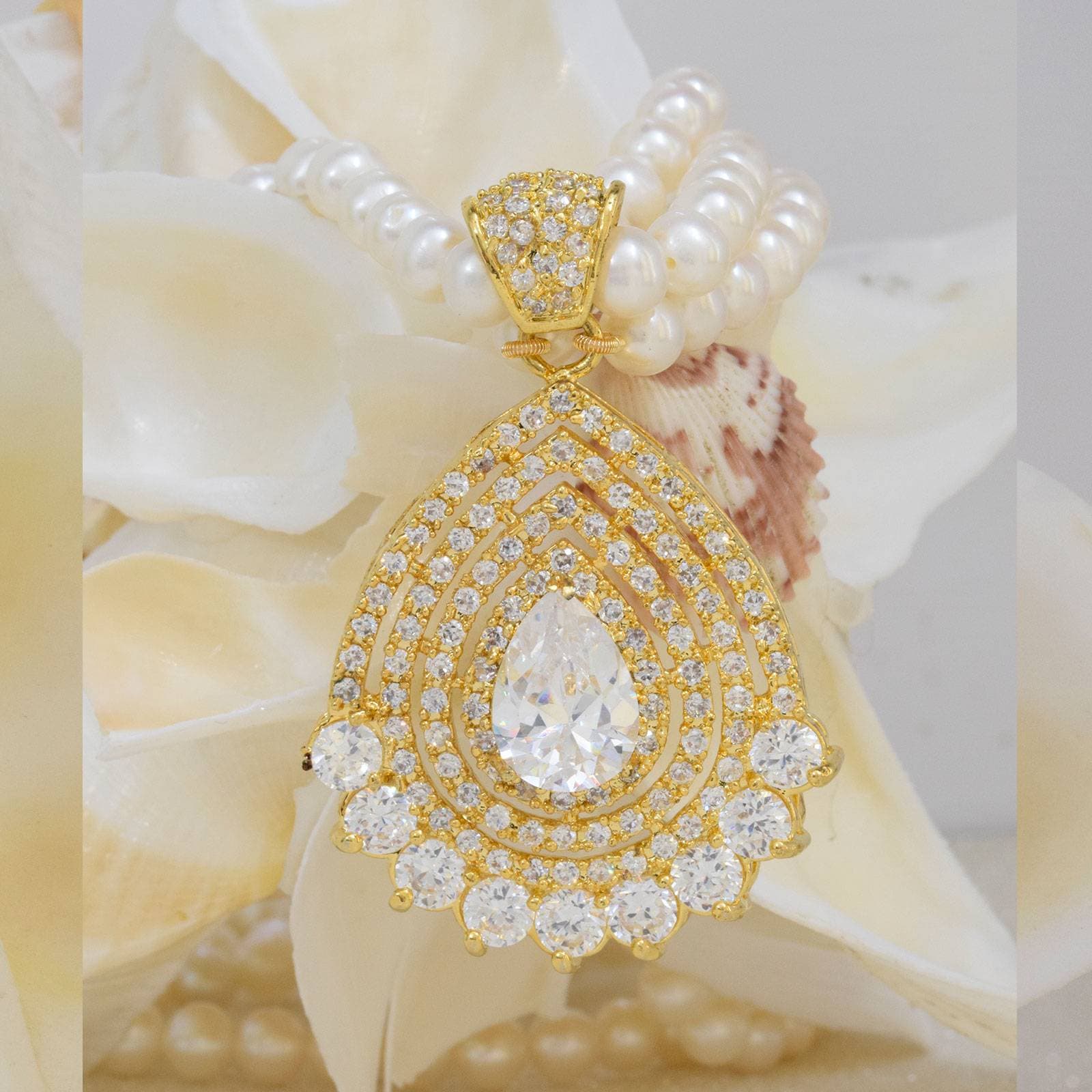 2 Lines Pearl Necklace Set in Magnificent Shiny AD Pendant - Image 3