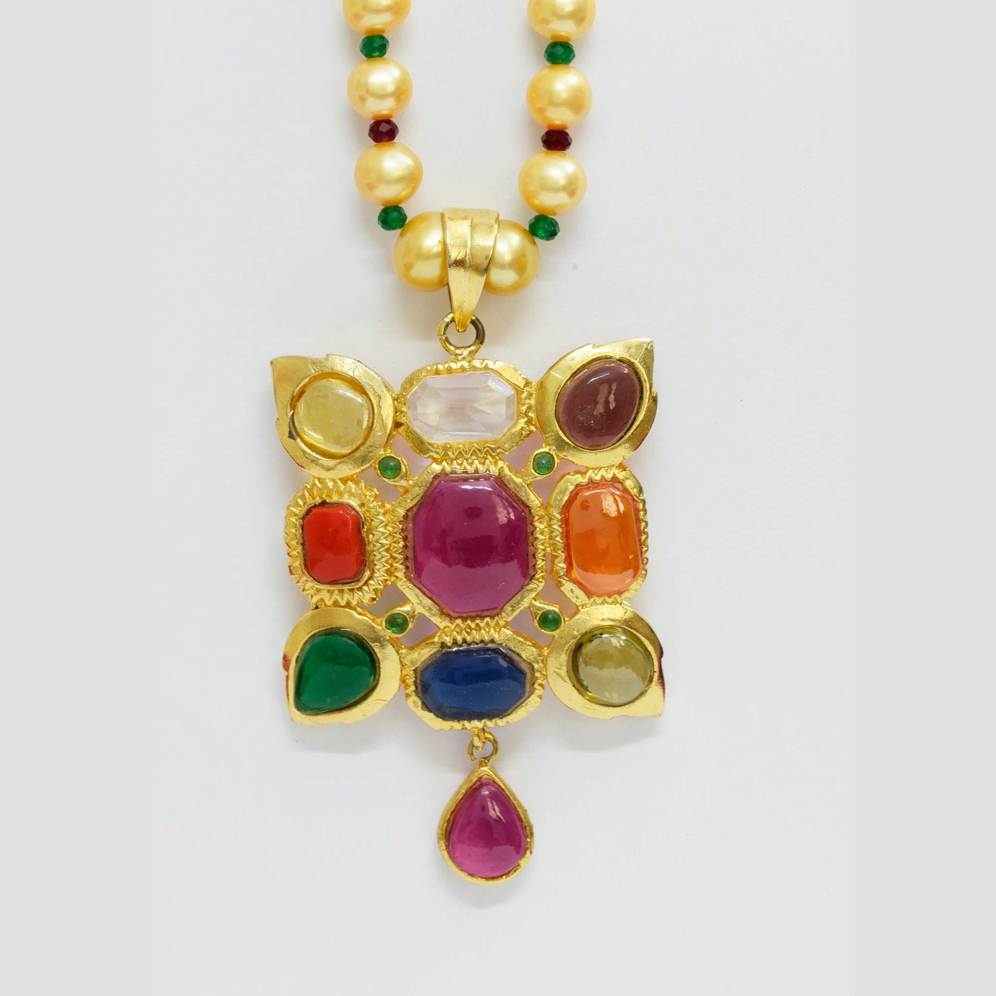 Gujarati Styled - Pearl Necklace Set in Nav Ratan Type Pendant - Image 3
