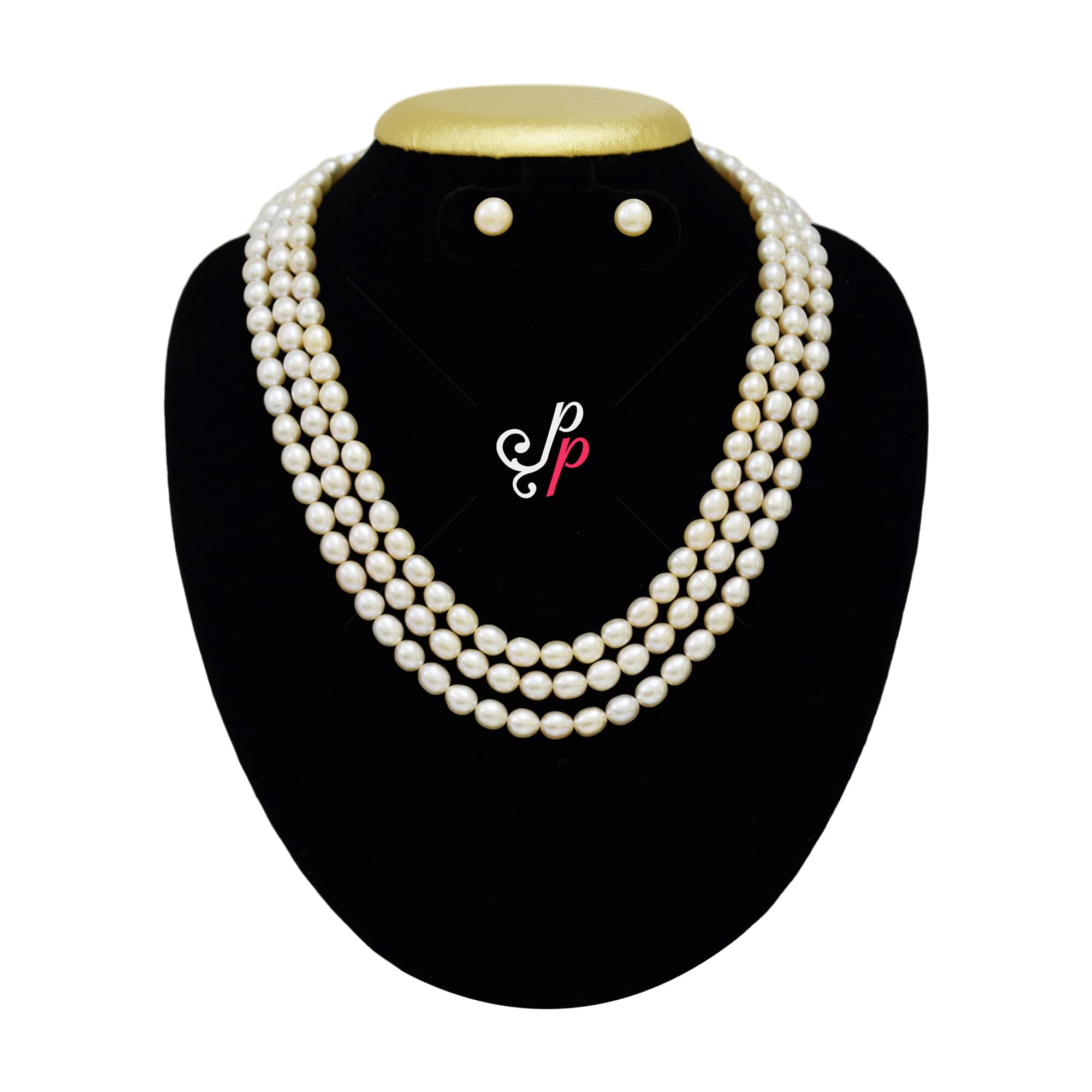3 Strands Pink Pearl Set in 7mm long Oval Pearls from Hyderabad