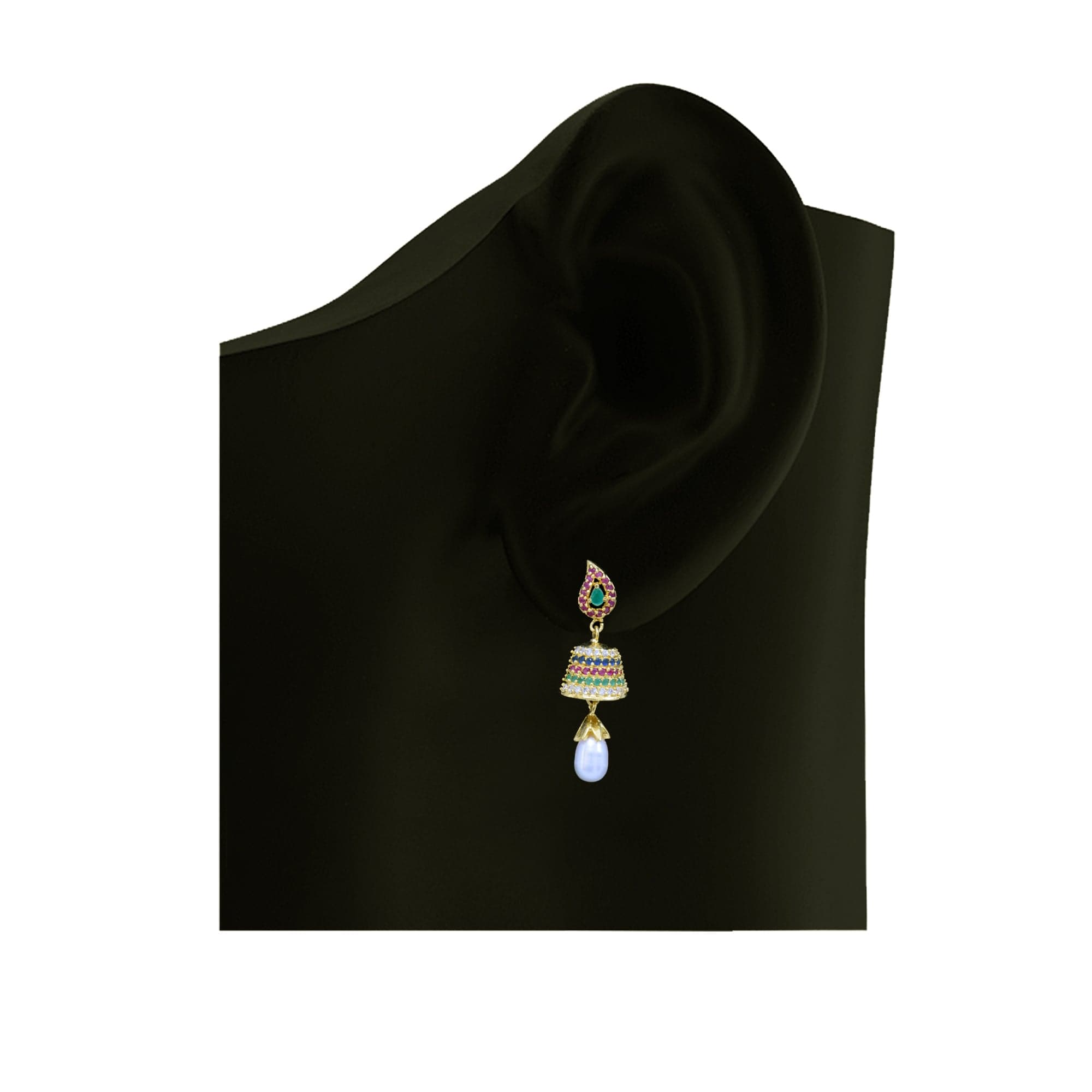 Beautiful Pearl Jhumkas in Rubies, Emeralds and American Diamonds - Style 1 - Image 3