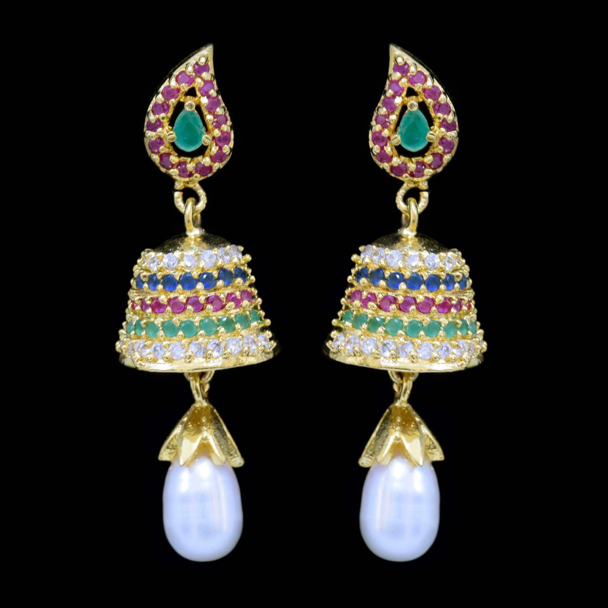 Beautiful Pearl Jhumkas in Rubies, Emeralds and American Diamonds - Style 1