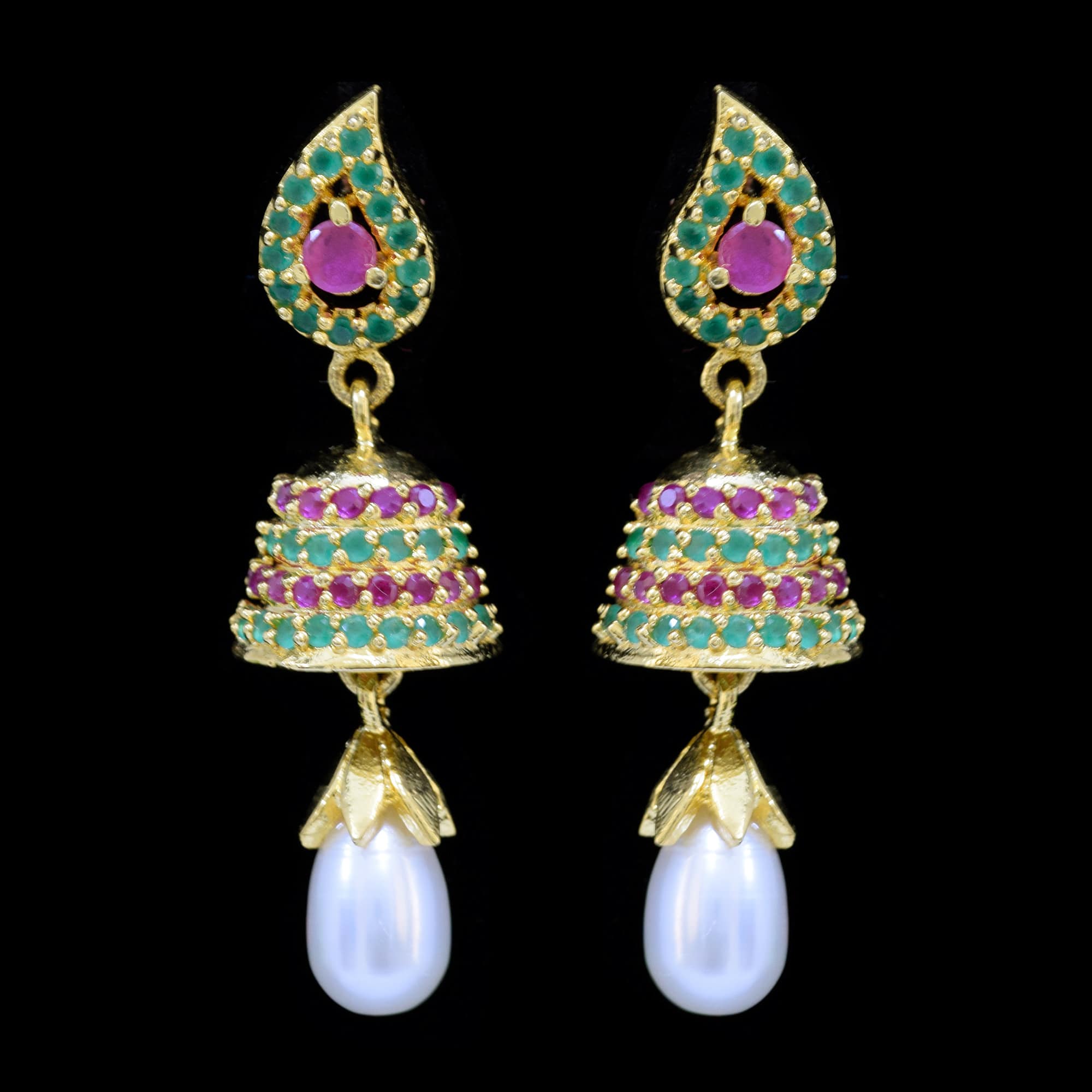 Beautiful Pearl Jhumkas in Rubies, Emeralds and American Diamonds - Style 2