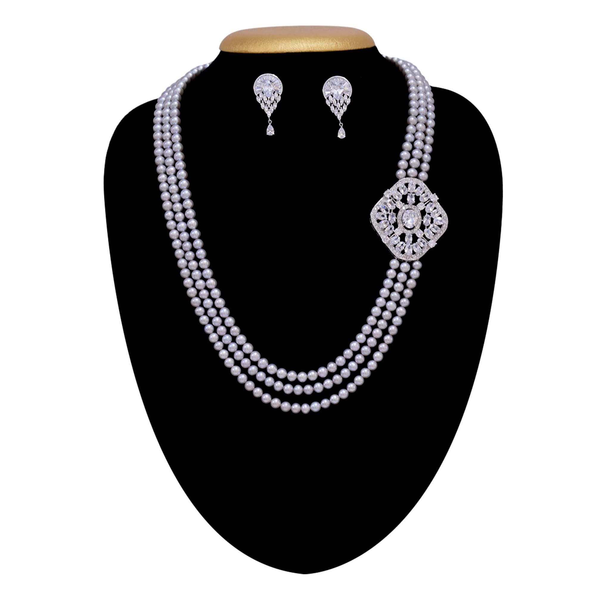 Glittering Pearl Necklace Set in Round Grey Pearls