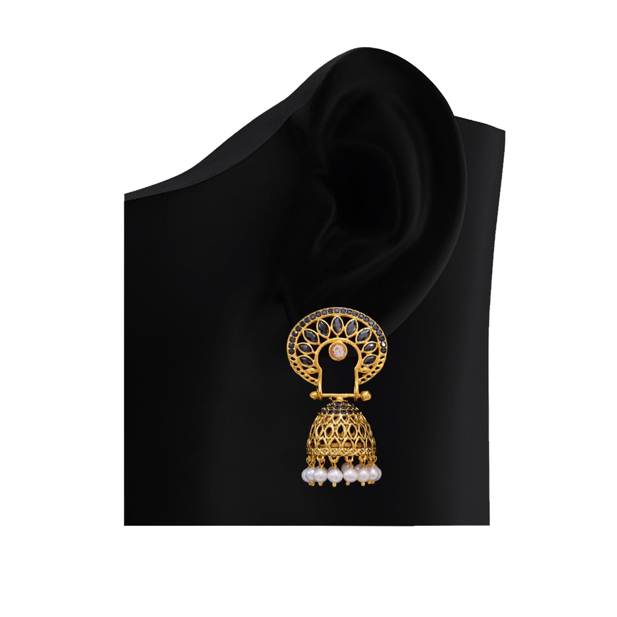 Traditional South Indian Pearl Jhumkas in Black Onyx Stones - Image 3