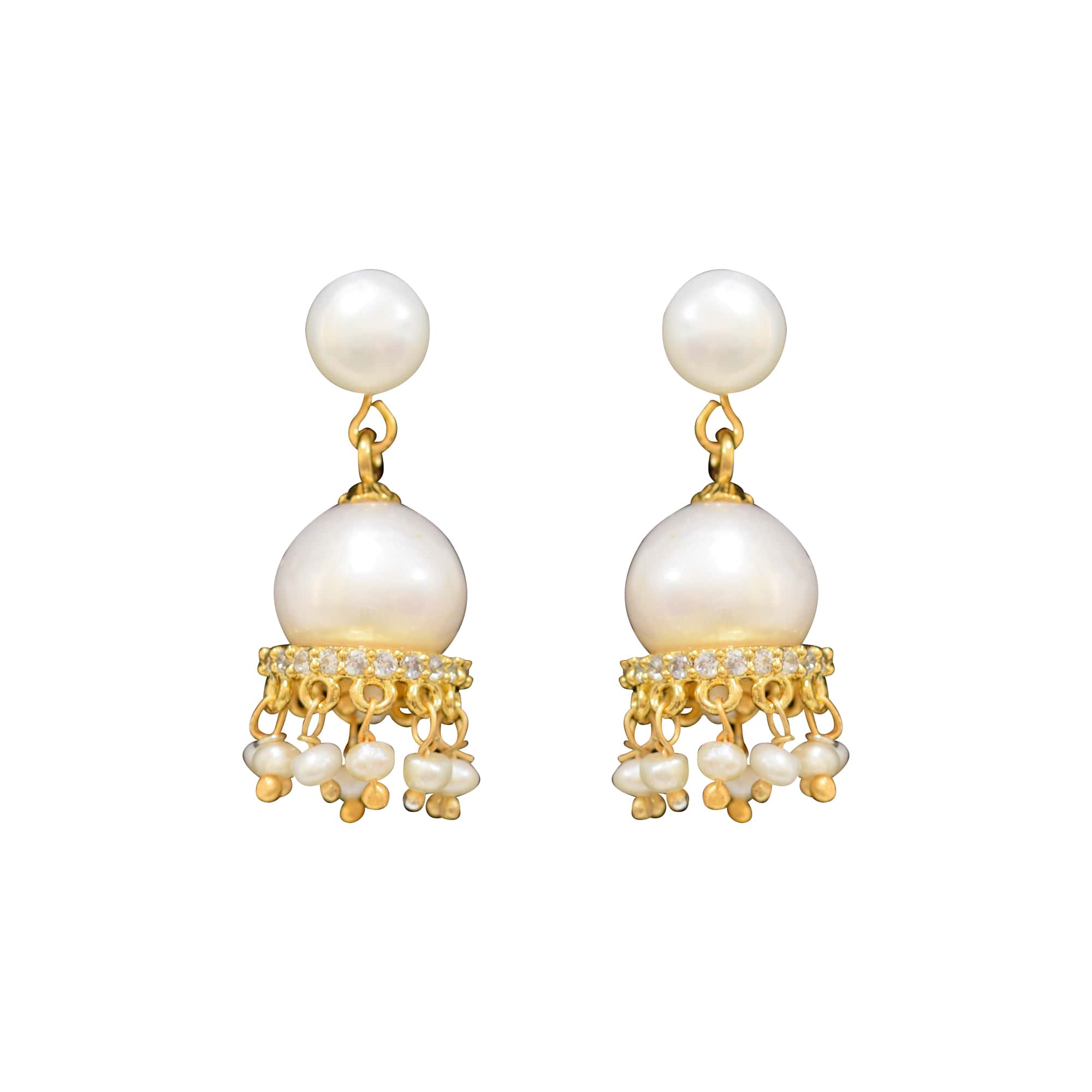 Traditional and Stylish Pearl Drop Hangings - with American Diamonds - Image 2