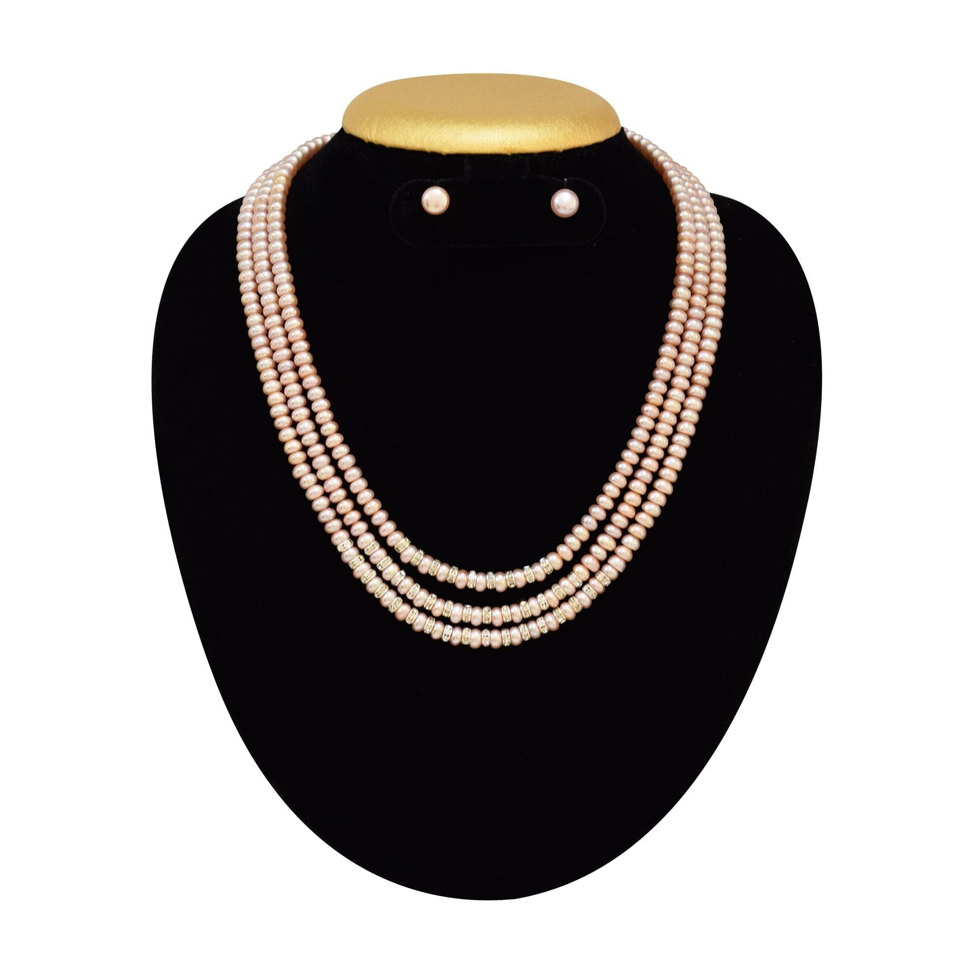 3 Lines Pearl Necklace Set in Dark Pink Half Round Pearls with ADs