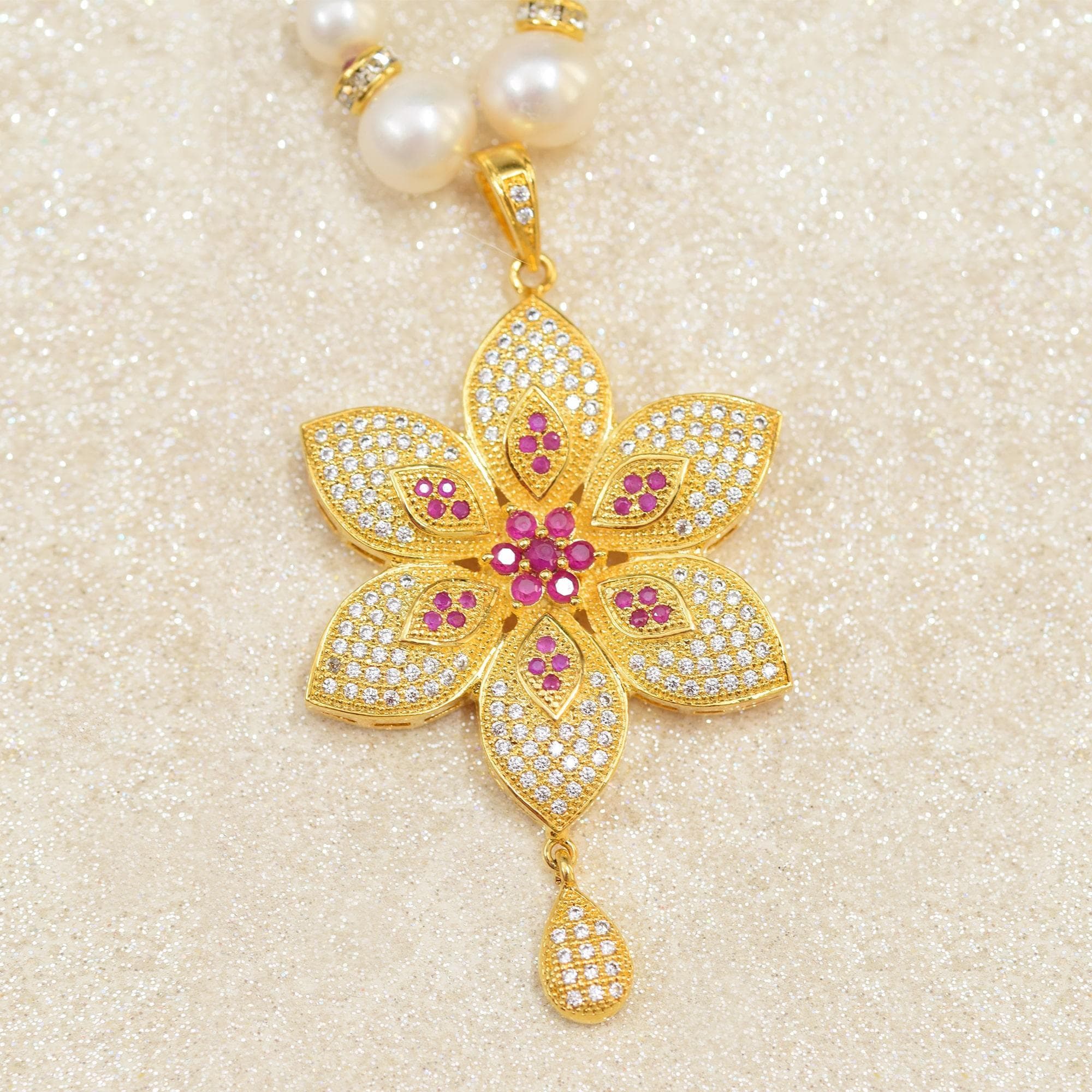 Pretty Pearl Necklace in Flower Shaped Golden Colour Pendant with rubies - Image 3