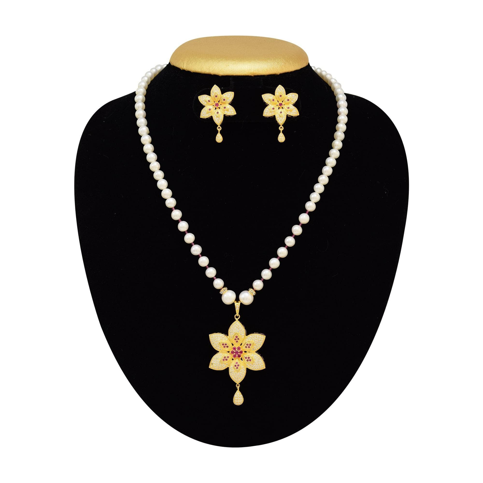 Pretty Pearl Necklace in Flower Shaped Golden Colour Pendant with rubies