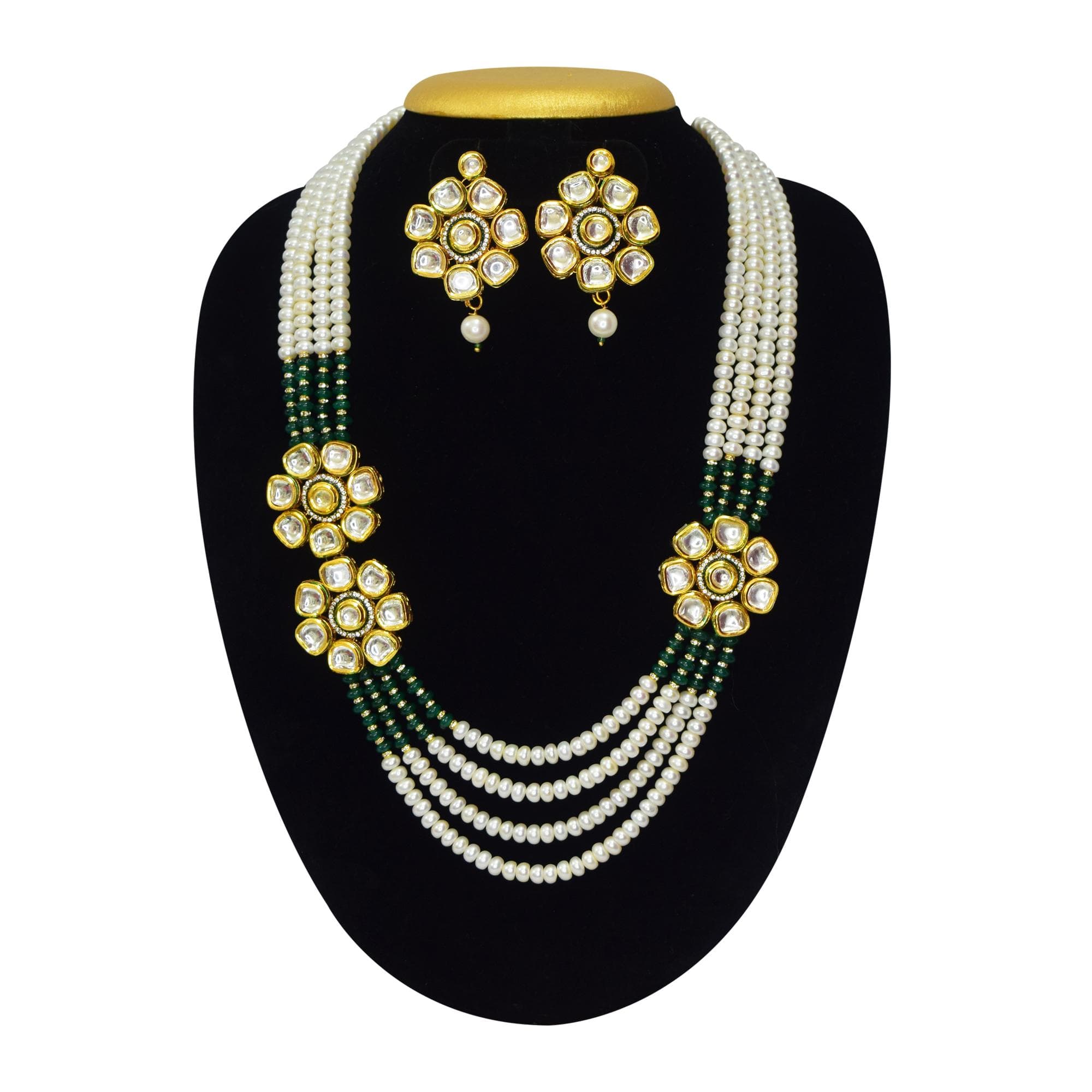 Ethnic Flower-Inspired White Pearl Necklace Set
