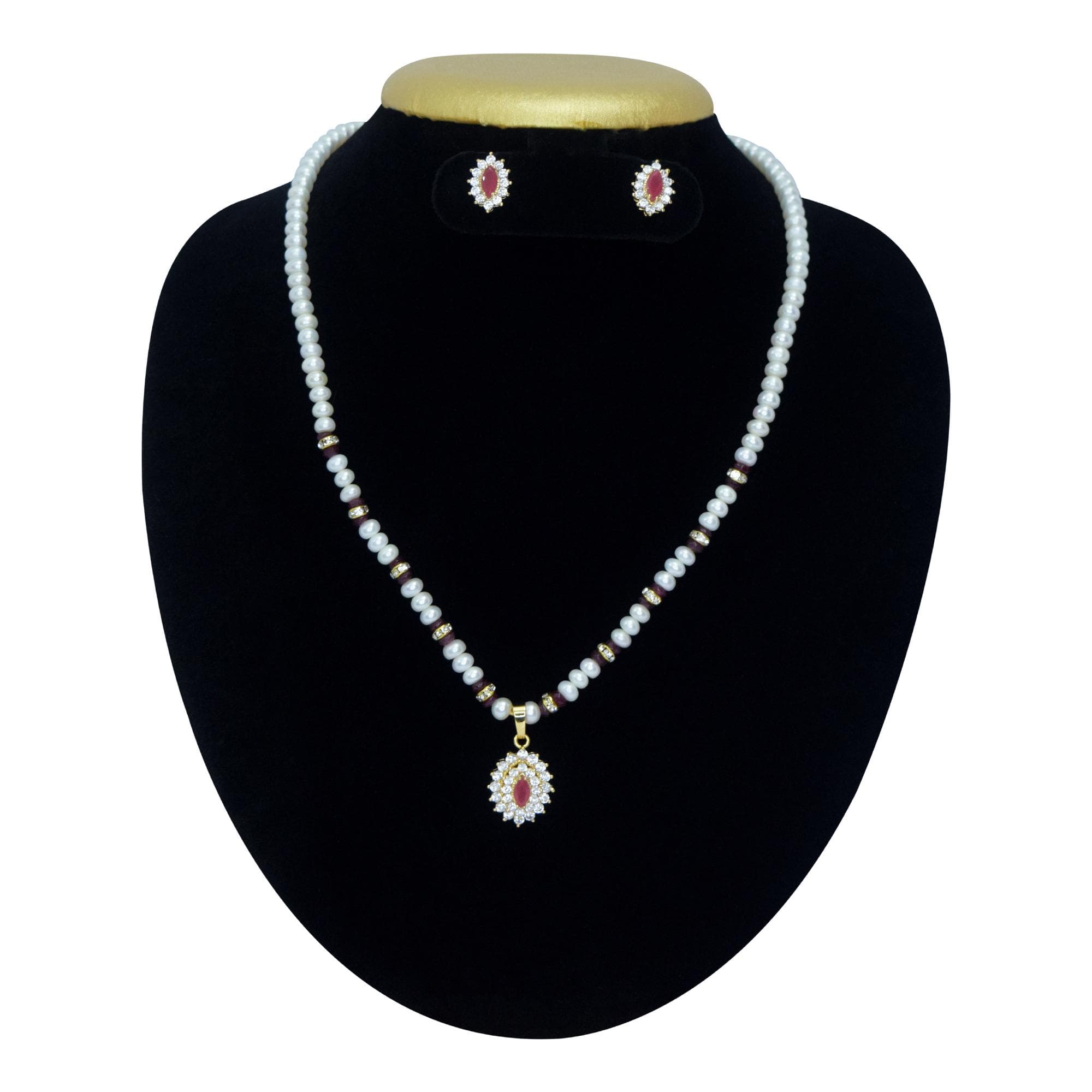 Dazzling White Pearl Necklace With A Glamorous Pendant Studded With AD & Red crystal