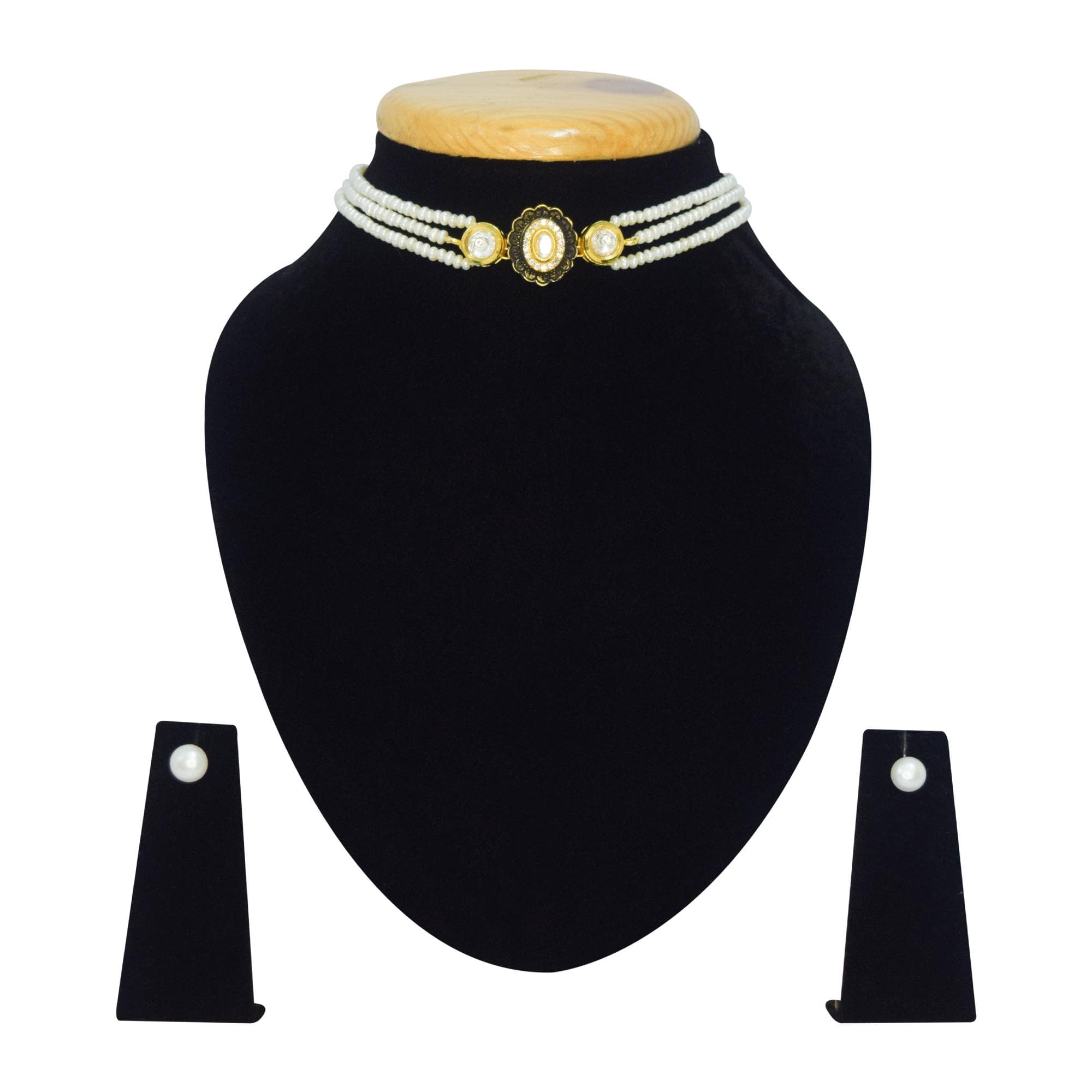 Dainty Strings Of White Pearl Choker With Black Enamel Kundan Pendant