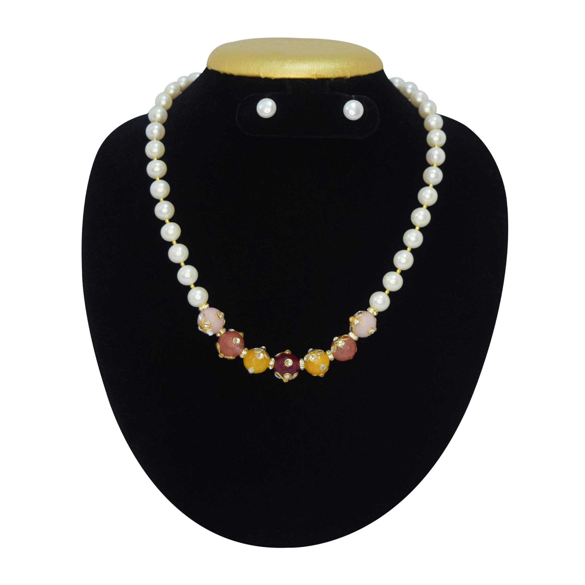 Designer White Pearl Necklace With Multicolour Stone Beads With Kundans