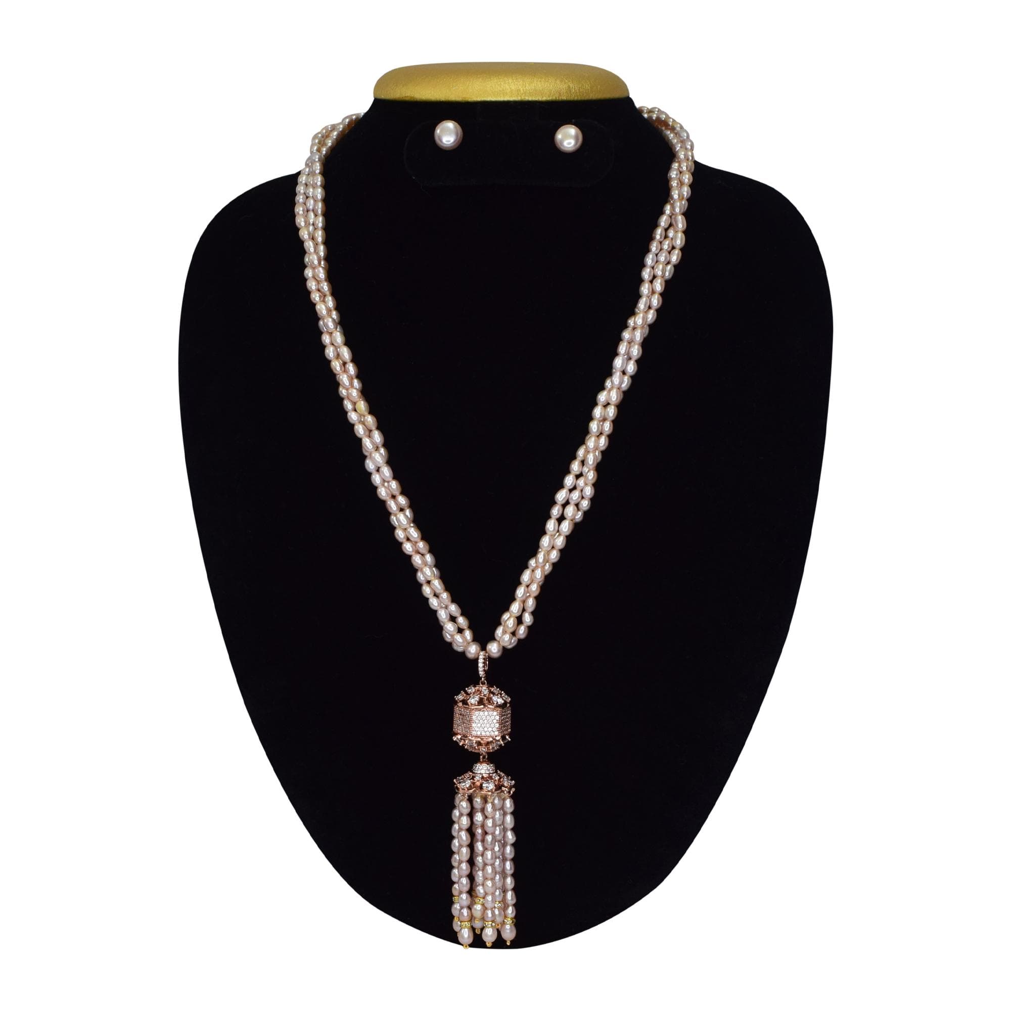 Pink Multi-Layer Oval Pearl Necklace With Zircon Pendant & Pearl Tassel