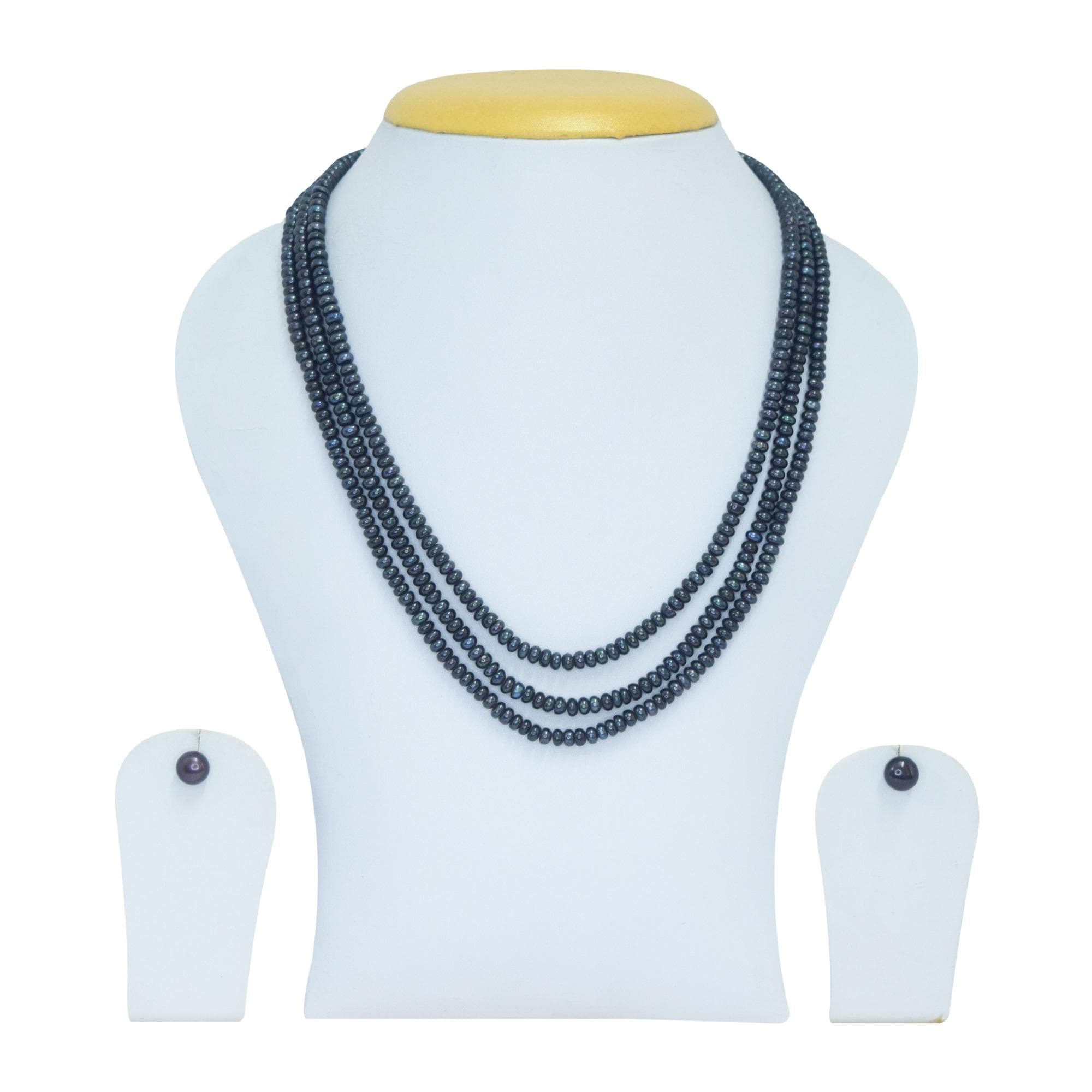 Classy Triple Layer Bluish Black 4mm Semi-Round Pearl Necklace