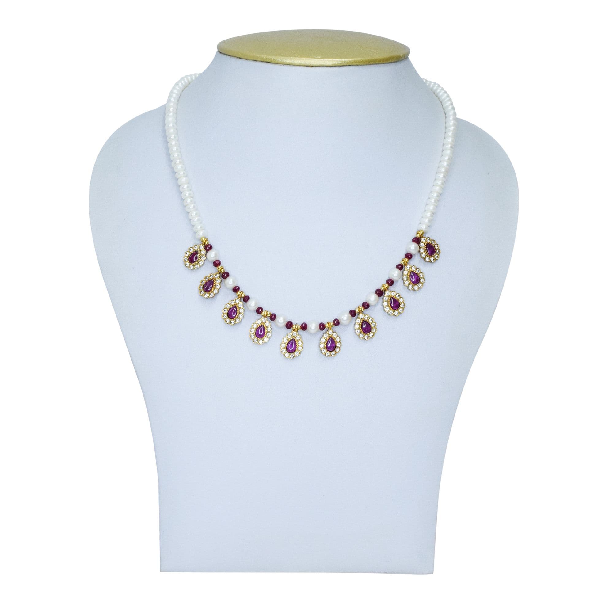 Resplendent White Pearls Necklace With SP Ruby Pendants