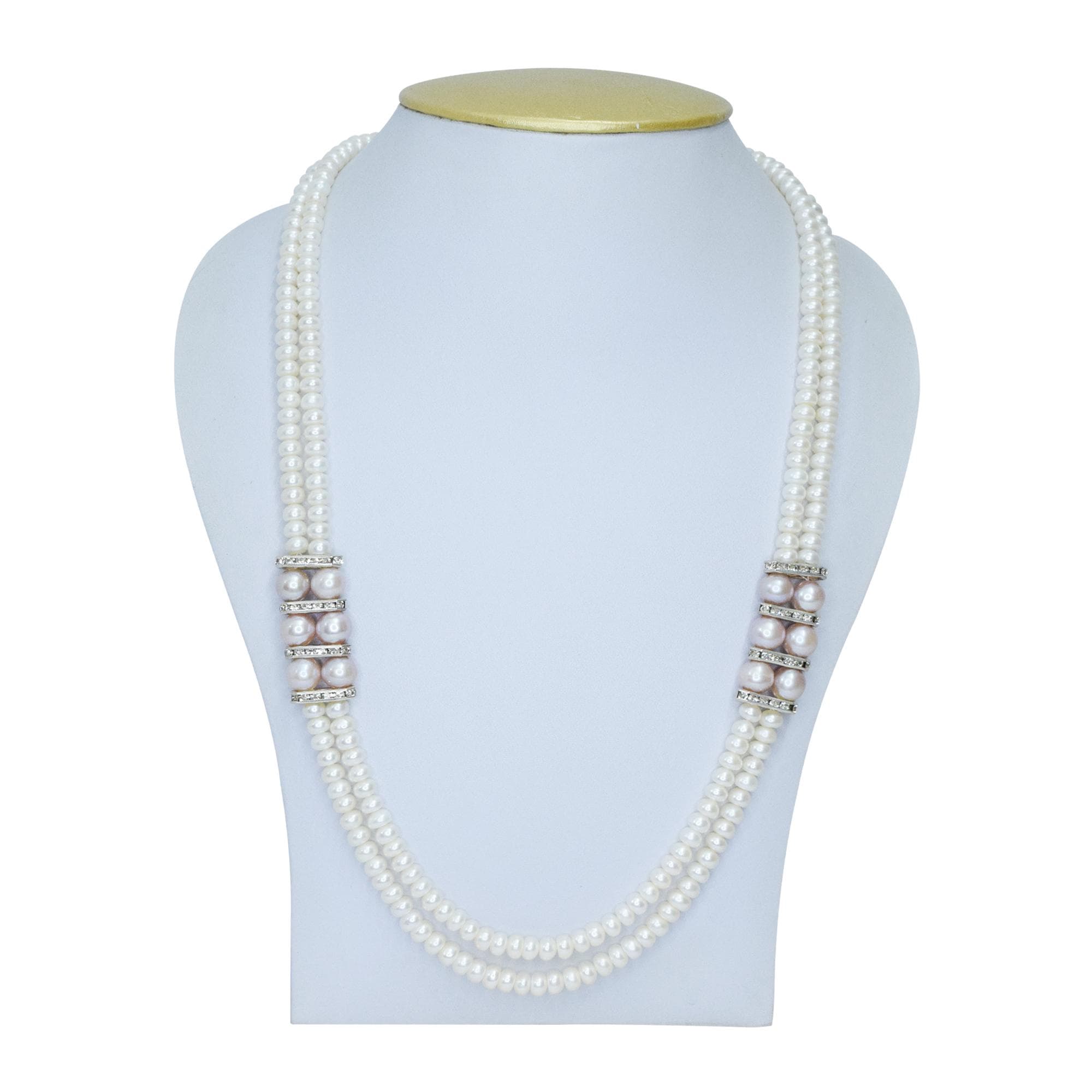 Sophisticated Pearl Necklace With Pink Pearl & AD Spacers Brooch