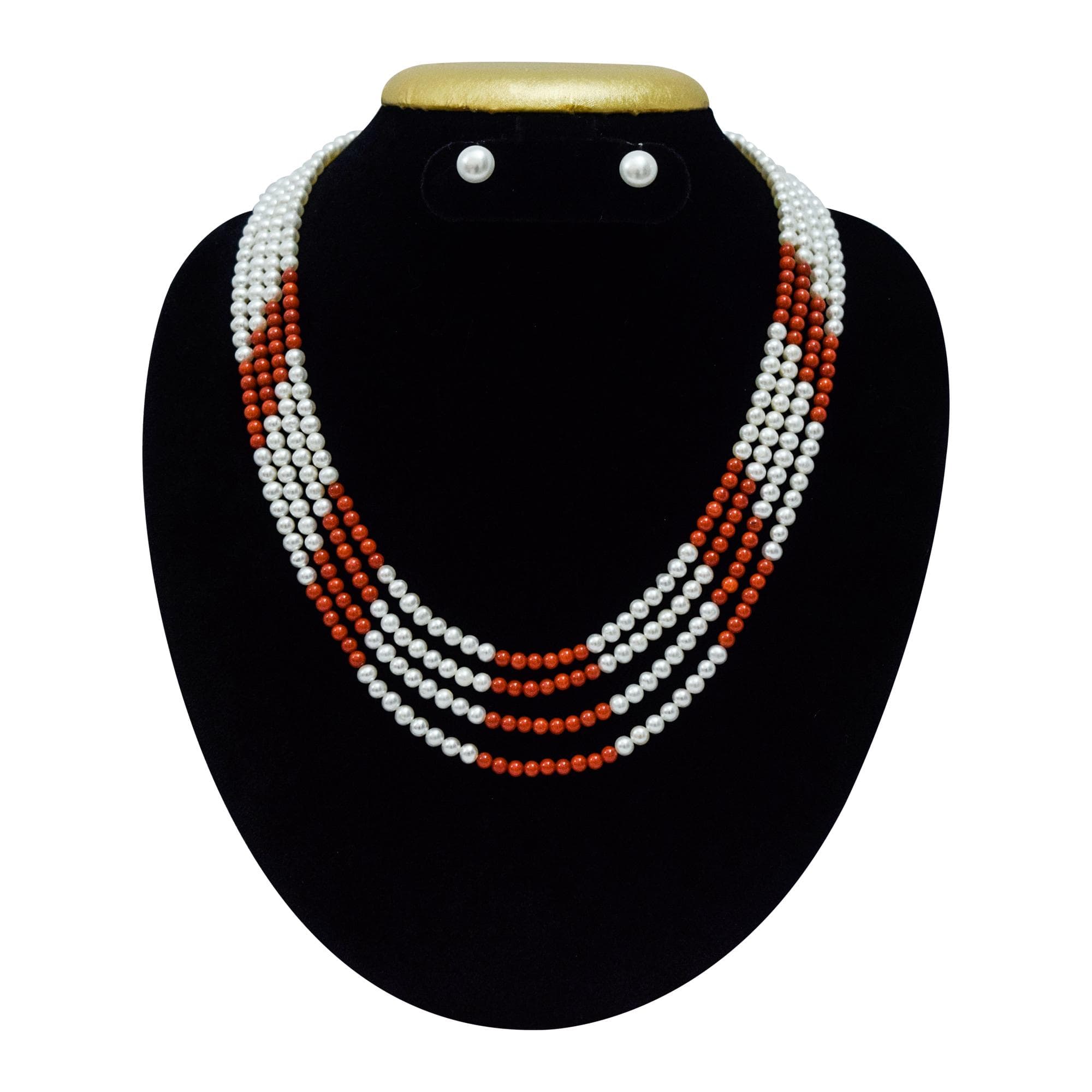 Charming Multi-Layer Necklace With Round White Pearls And Coral Beads