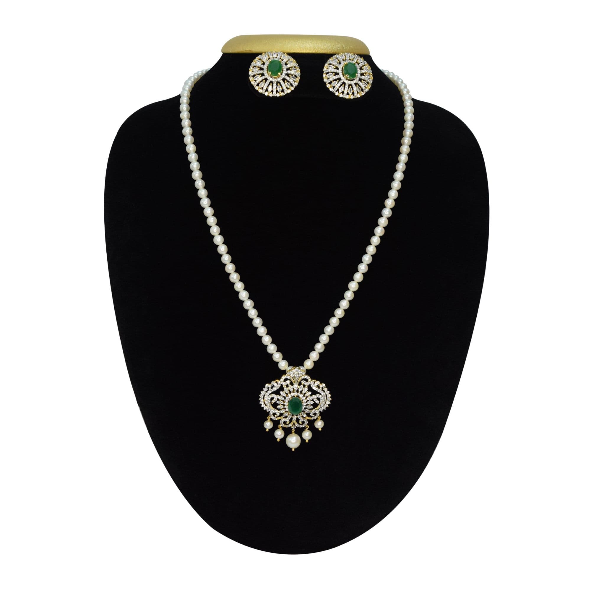 Dazzling Long White Pearls Mala With CZ Peacock Pendant