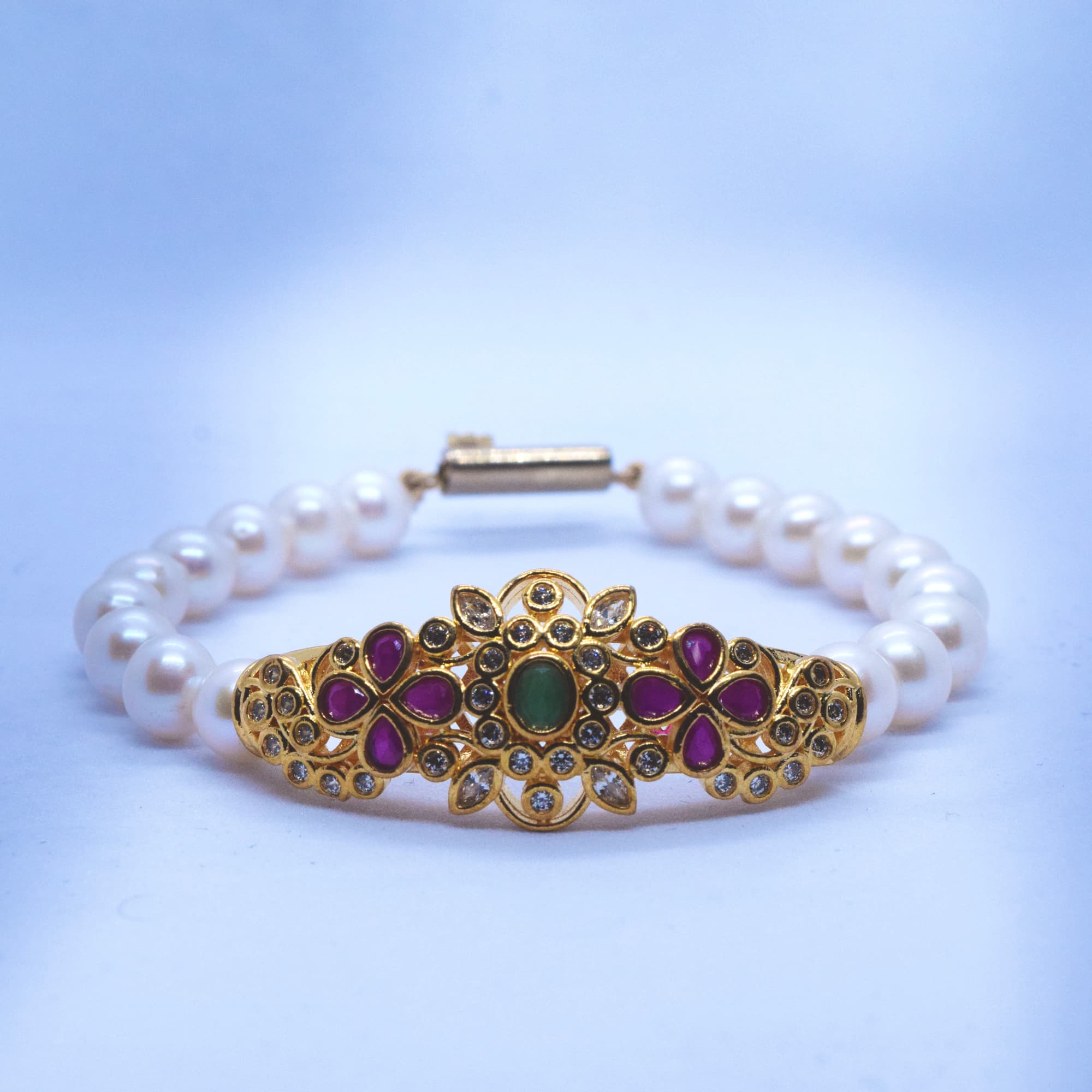 Exquisite White Pearls Kada With Polki Clasp