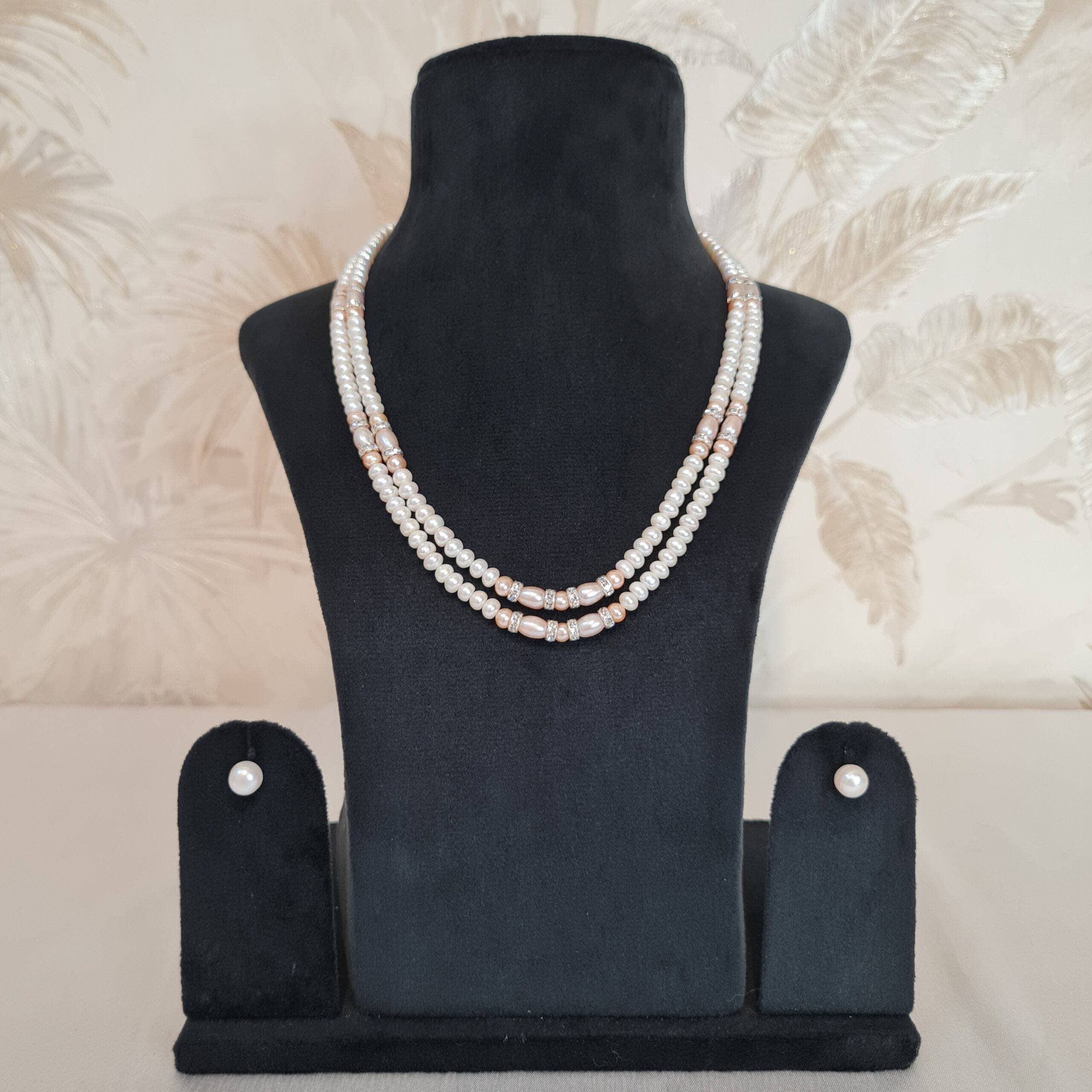 Attractive Two-Row White Semi-Round Pearl Necklace With Peach & Pink Pearls