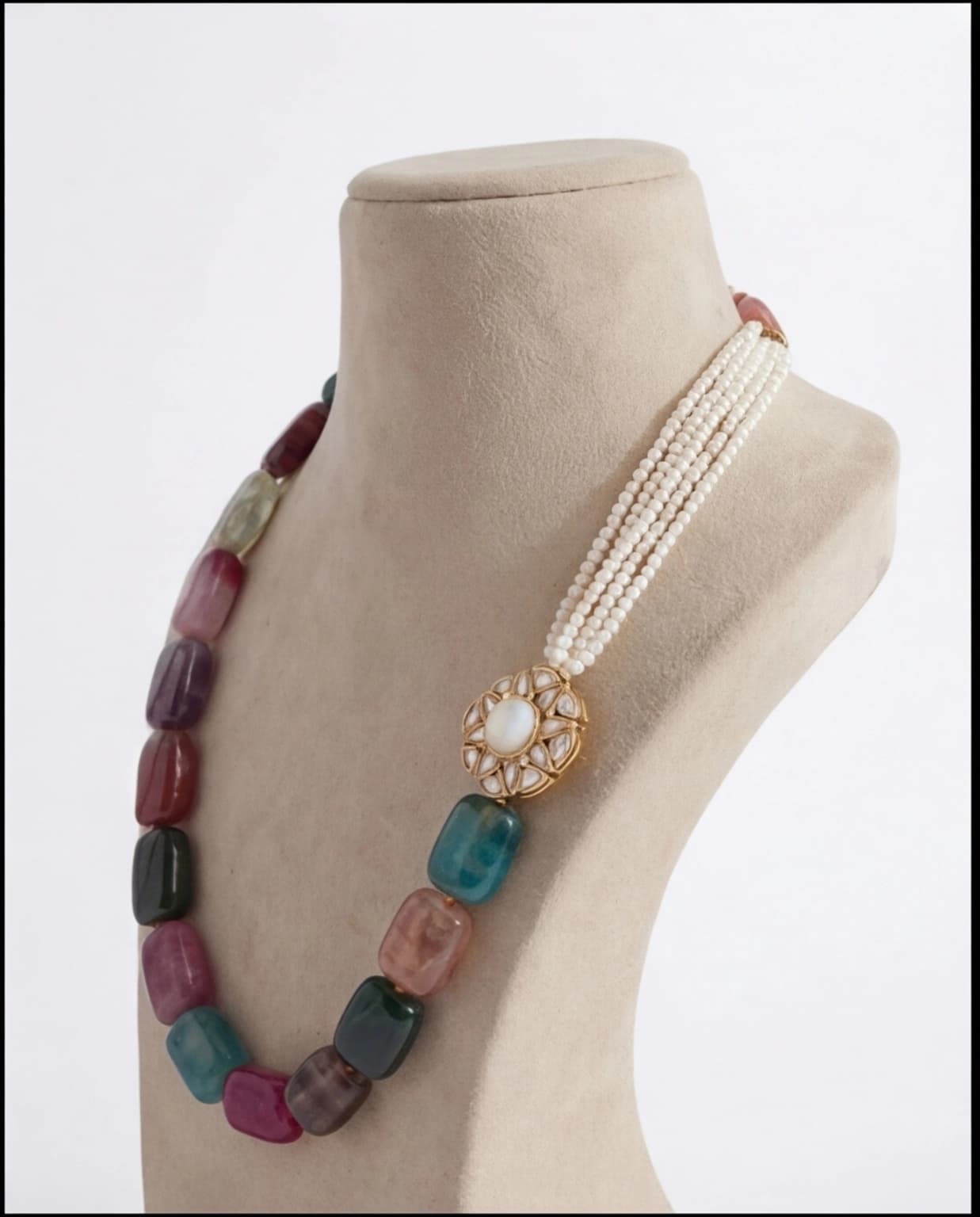 Attractive White Baroque Pearl Necklace With Polki Pendant & Multicoloured Onyx - Image 6