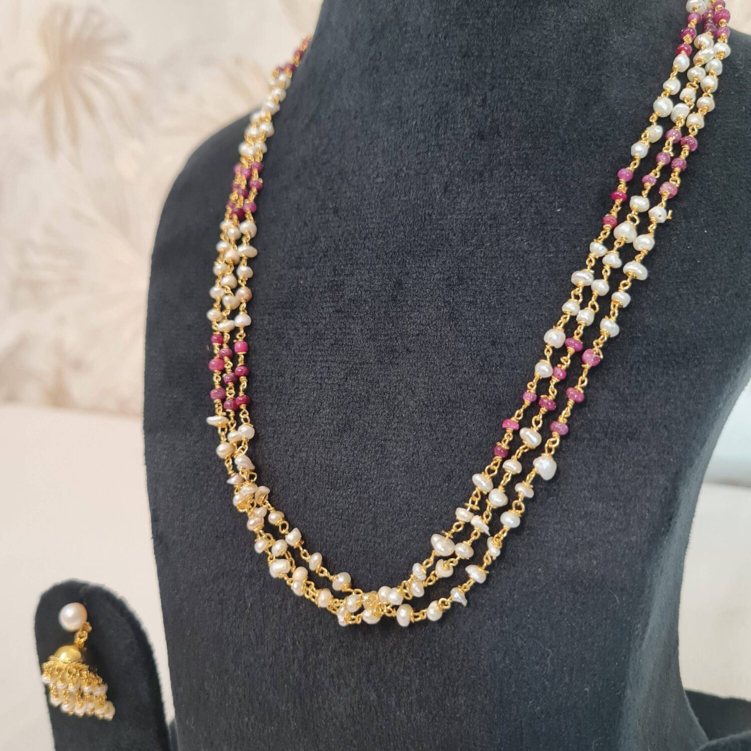Pretty and Simple 3 Lines Taar Mala with Seed Pearls and Rubies - Image 2