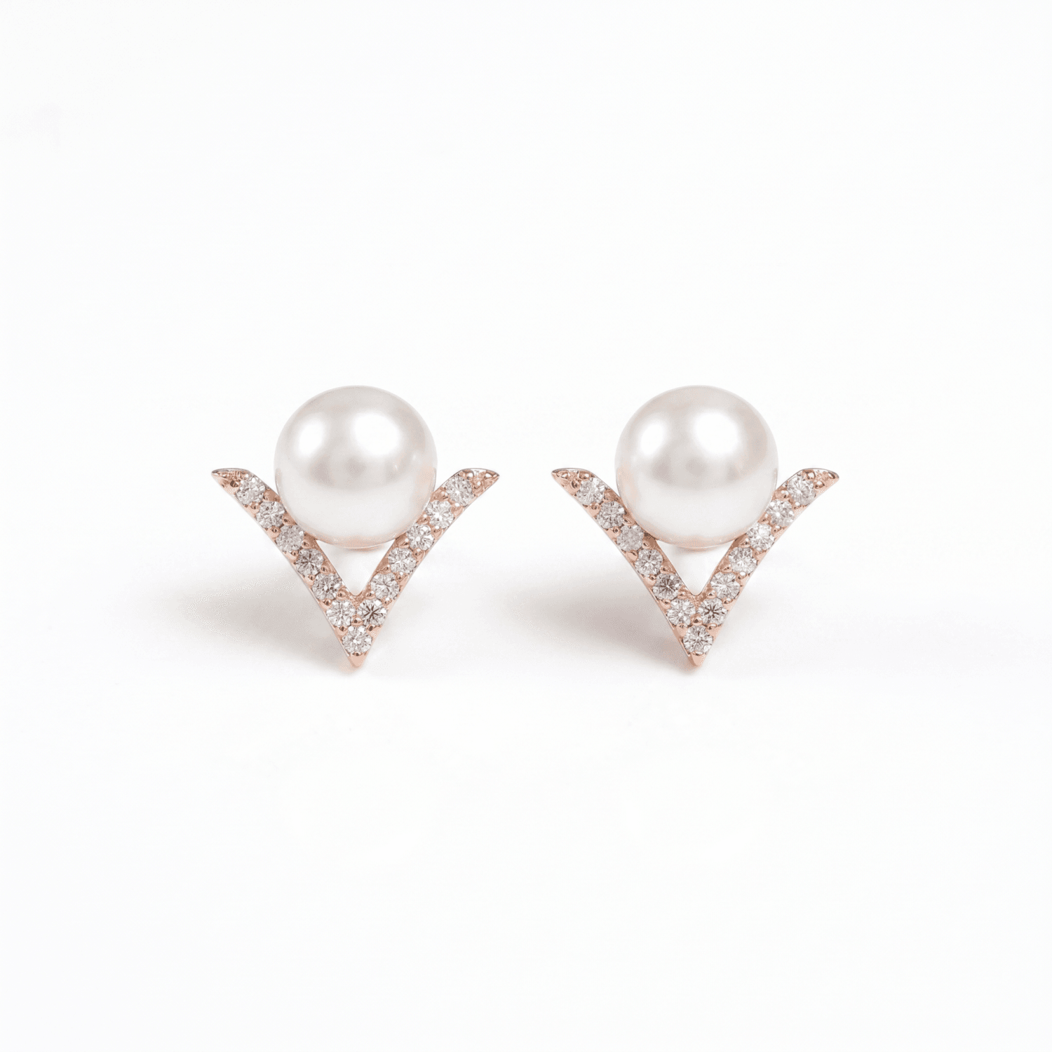 V Shaped Pretty Pearl Studs in White Pearls and Rose Gold Metal
