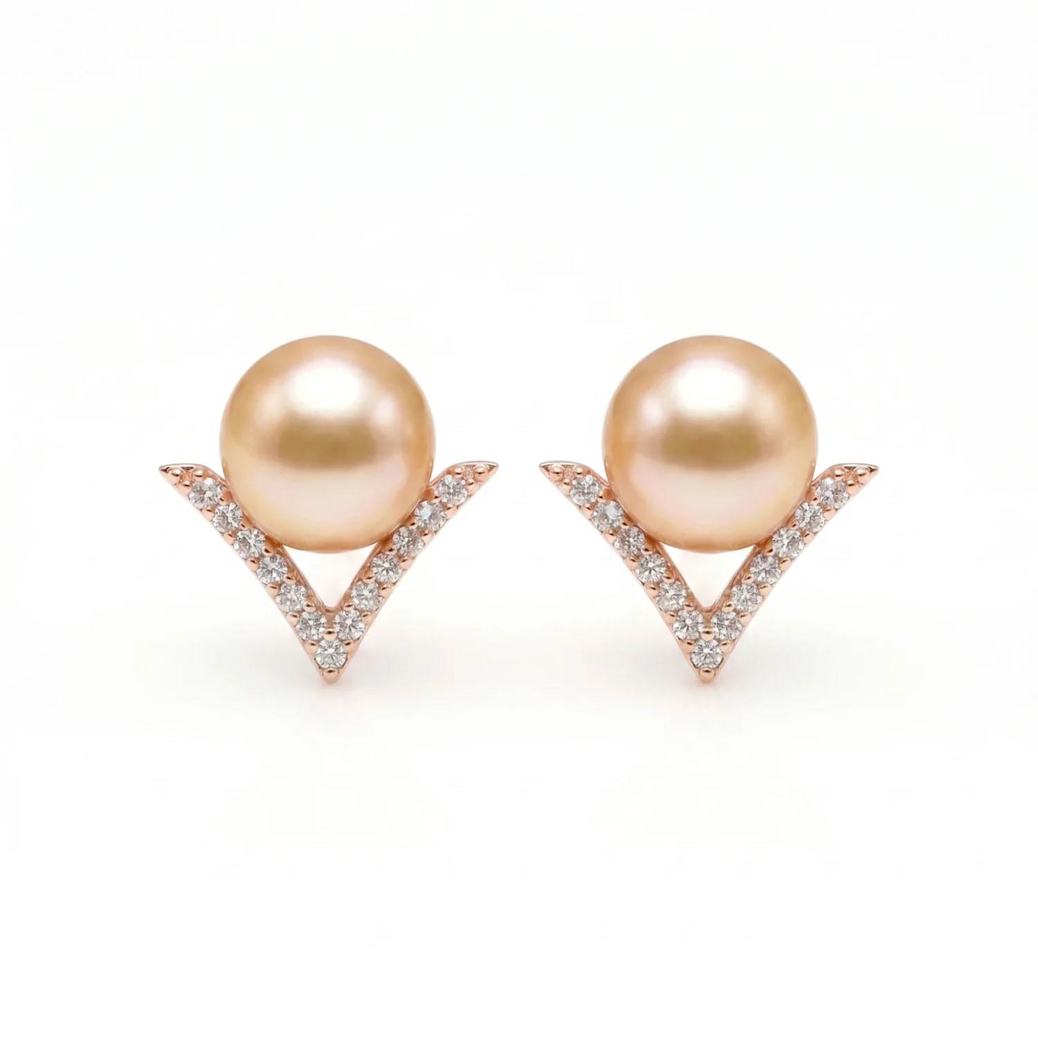 V Shaped Pretty Pearl Studs in Pink Pearls and Rose Gold Metal